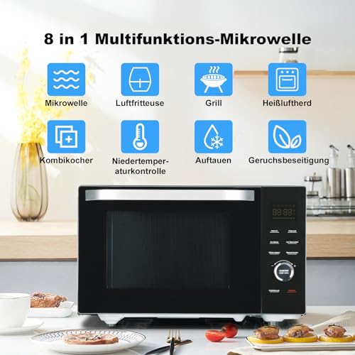 SMETA 8-in-1 Mikrowelle mit Heißluft & Grill & Kombi Funktion, Groß 34L, Mikrowelle mit Grill und Heißluft, 1000W Mikrowelle, 2400W Grill/Konvektion, Air Fry, Warmhaltestufe, 10 Auto-Menüs, Schwarz