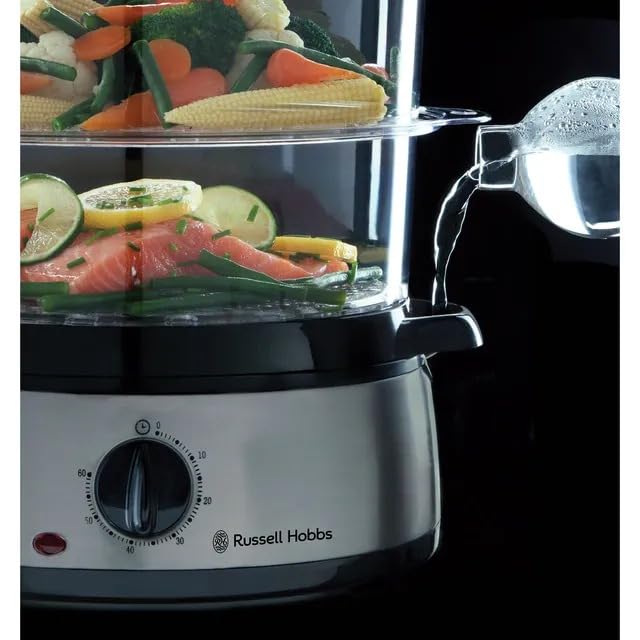 Russell Hobbs Cook@Home Vaporera Eléctrica – 9L, 3 Recipientes y Arrocera, Acero Inoxidable, 800W