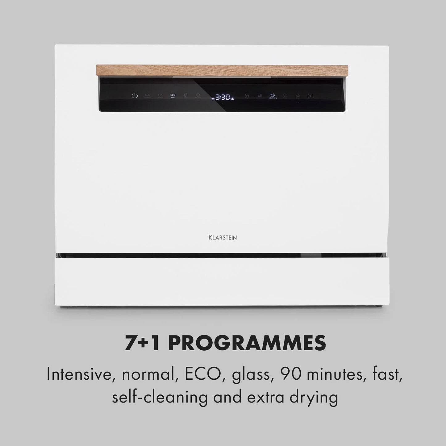 Klarstein Lagoona Mini-Geschirrspüler freistehend, Leistung: 1380 Watt, 6 Standardgedecke, Wasserverbrauch: 6,5 L 7 Programme plus Extra-Trocknung, 49 dB, schwarzes Touch-Bedienfeld, weiß