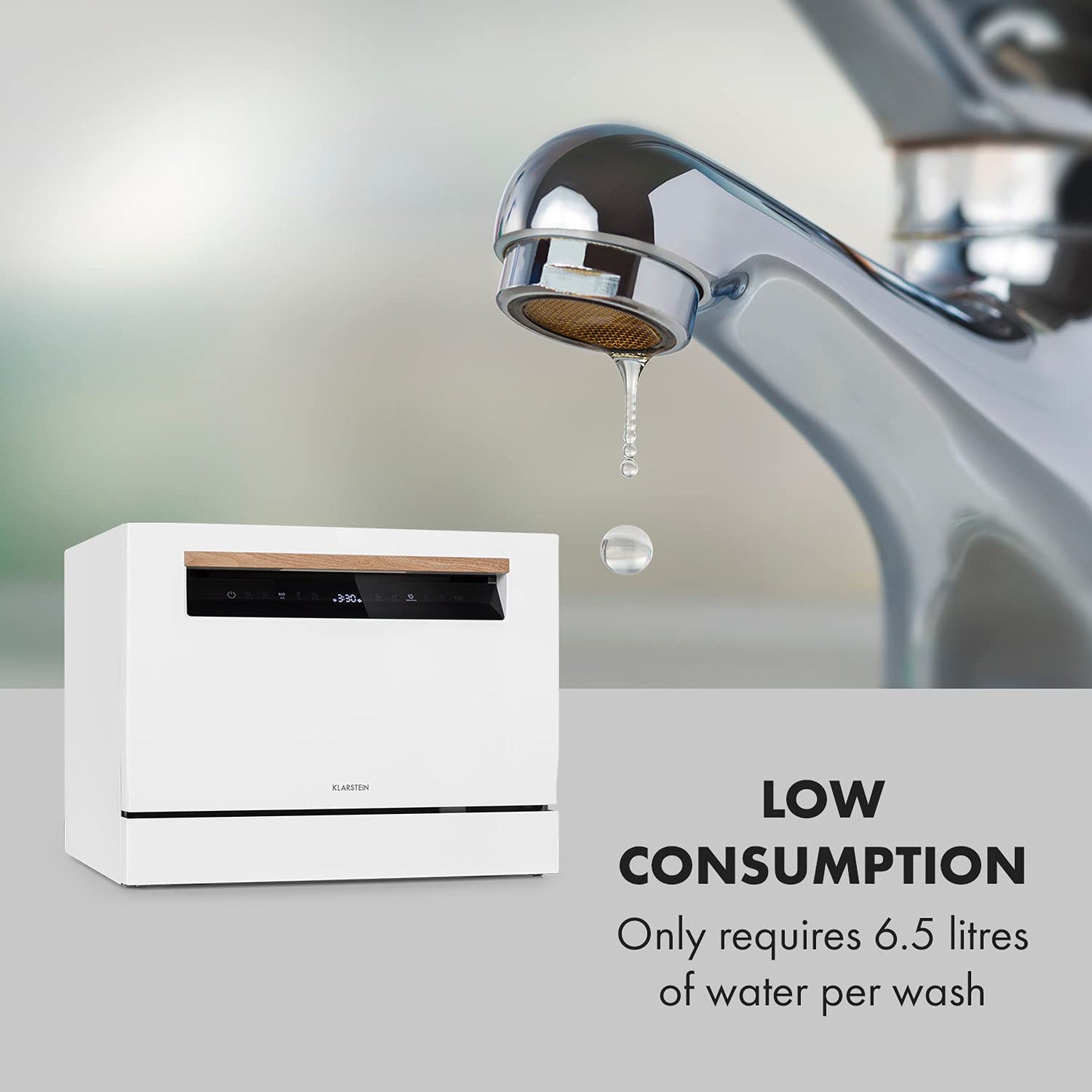 Klarstein Lagoona Mini-Geschirrspüler freistehend, Leistung: 1380 Watt, 6 Standardgedecke, Wasserverbrauch: 6,5 L 7 Programme plus Extra-Trocknung, 49 dB, schwarzes Touch-Bedienfeld, weiß