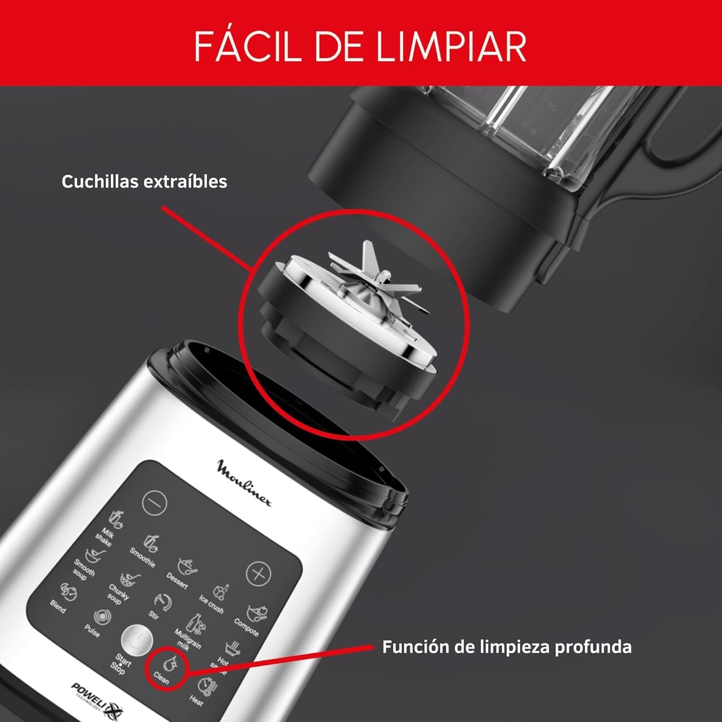 Moulinex PerfectMix Cook – Batidora de Vaso 1400W, 10 Programas Automáticos, Cuchillas Powelix Extraíbles, 2L, App Moulinex con +300 Recetas, LM83SD