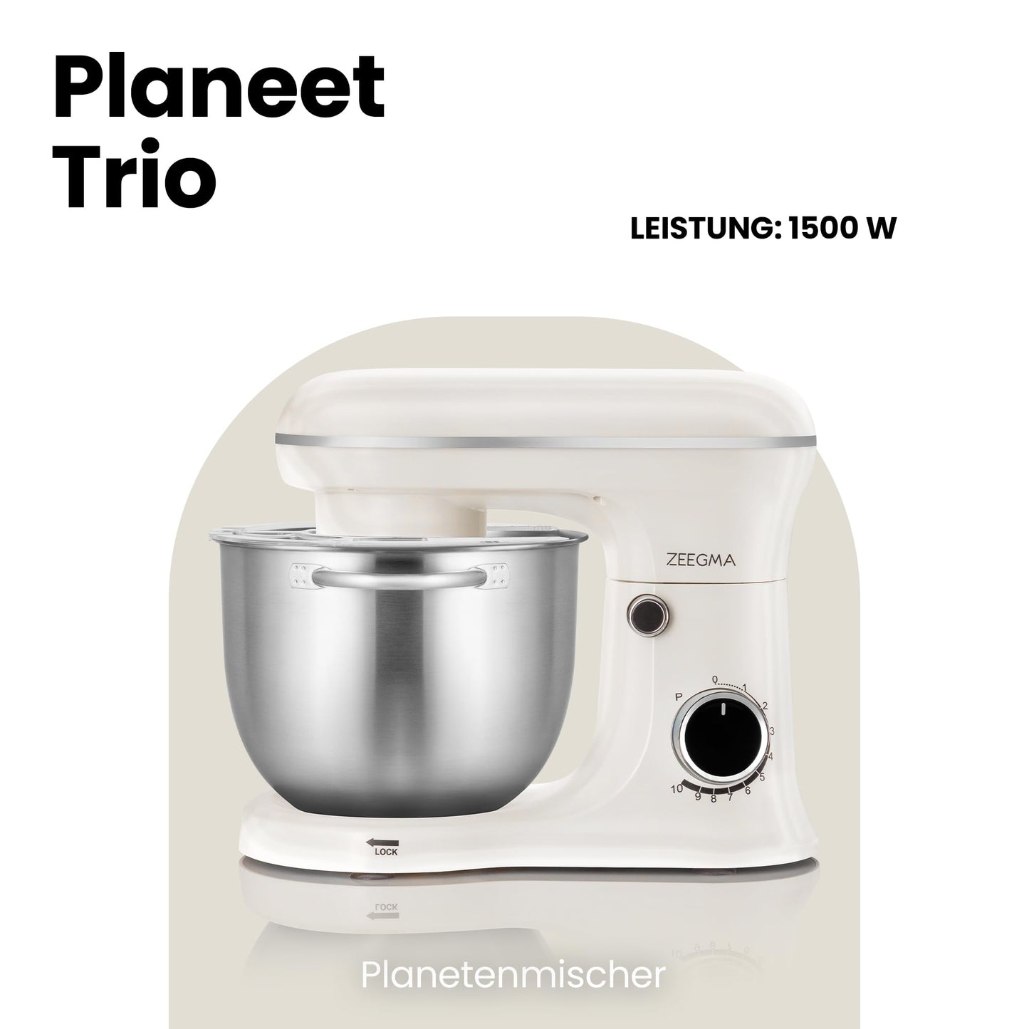 ZEEGMA PLANEET TRIO Planetenroboter, 1500 W, Multifunktionale Küchenmaschine mit 3 Schüsseln 4 l, 4,5 l und 5,2 l, 10 Betriebsgeschwindigkeiten, Mixer mit Haken, Schneebesen, Deckel mit Messgerät