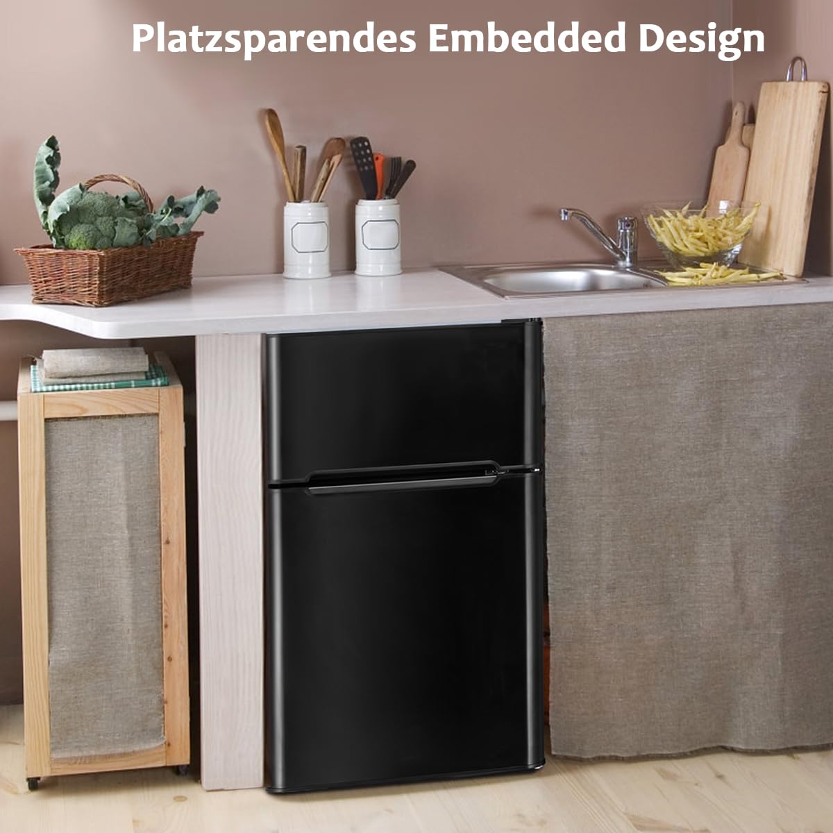 GOPLUS Kühlschrank mit Gefrierfach - Kühl Gefrierkombination / 90L Gesamtnutzinhalt, 27L Gefrierteil/Thermostat einstellbar/LED Innenbeleuchtung/Türanschlag wechselbar (Schwarz)