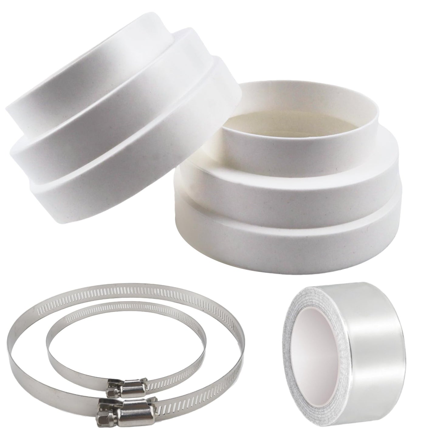 QGGTQG Reduzierverbinder Ø120 150 160mm 2 STK Abluft Reduzierstück Reduzierverbinder Lüftung ABS Reduktion Rohr mit 2 Edelstahl Schlauchschellen und 2 Rollen Aluminiumfolienband