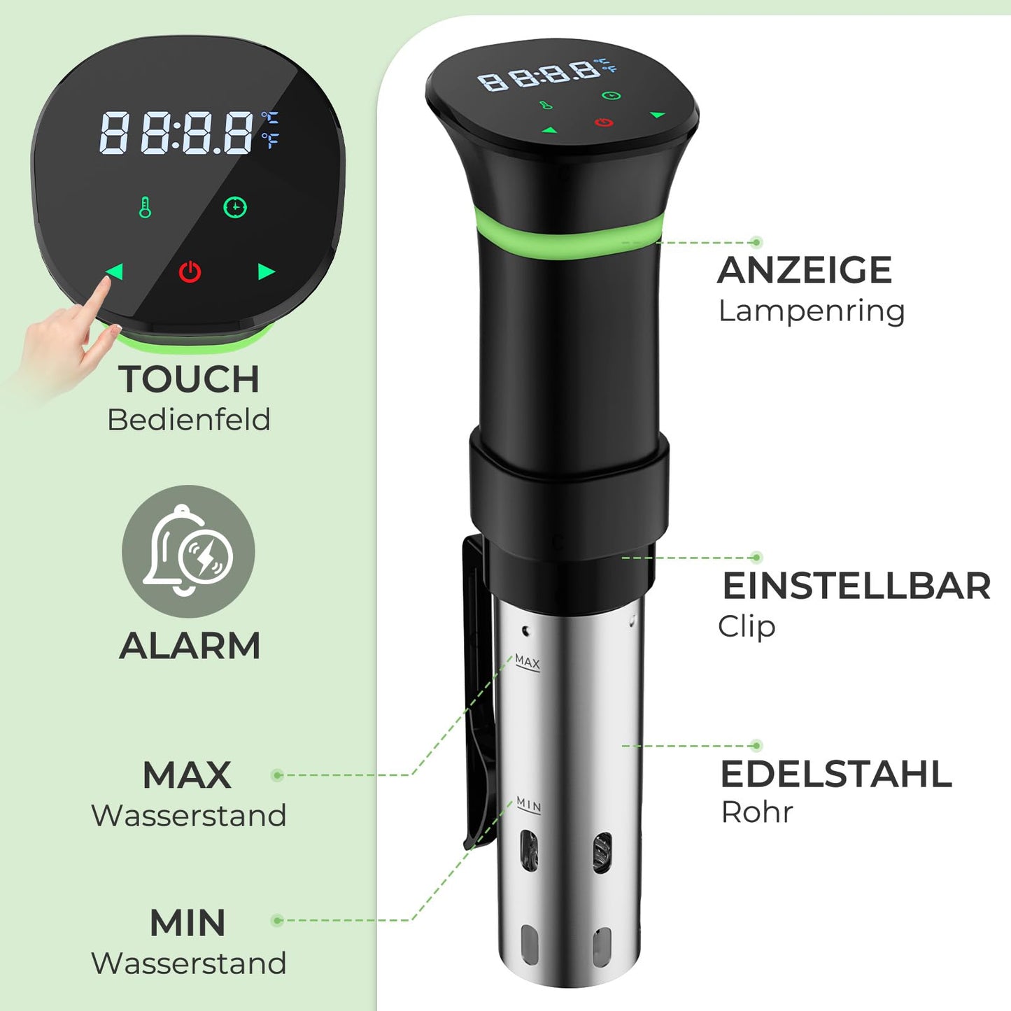 Sous Vide Garer Sous Vide Stick mit LCD Touchdisplay Eintauchthermostat Timer Sous-Vide Garer 1000W für Behälter bis 20L 25-92,5℃ Slow Cooker 360° Präzisionskochtopf Immersion Zirkulation