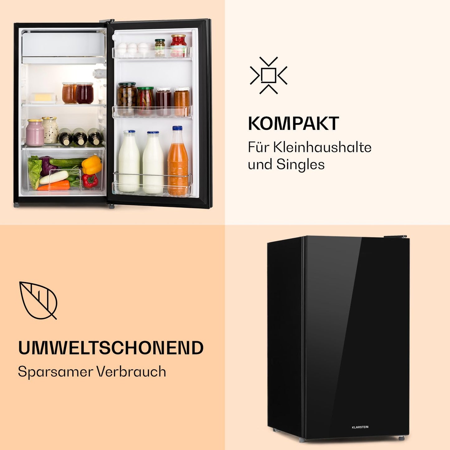 Klarstein Luminance Frost Kühl-Gefrier-Kombination - freistehender Kühlschrank, Glasfront, ca. 45 x 84 x 48,5 cm (BxHxT), 91 Liter Gesamtvolumen, schwarz