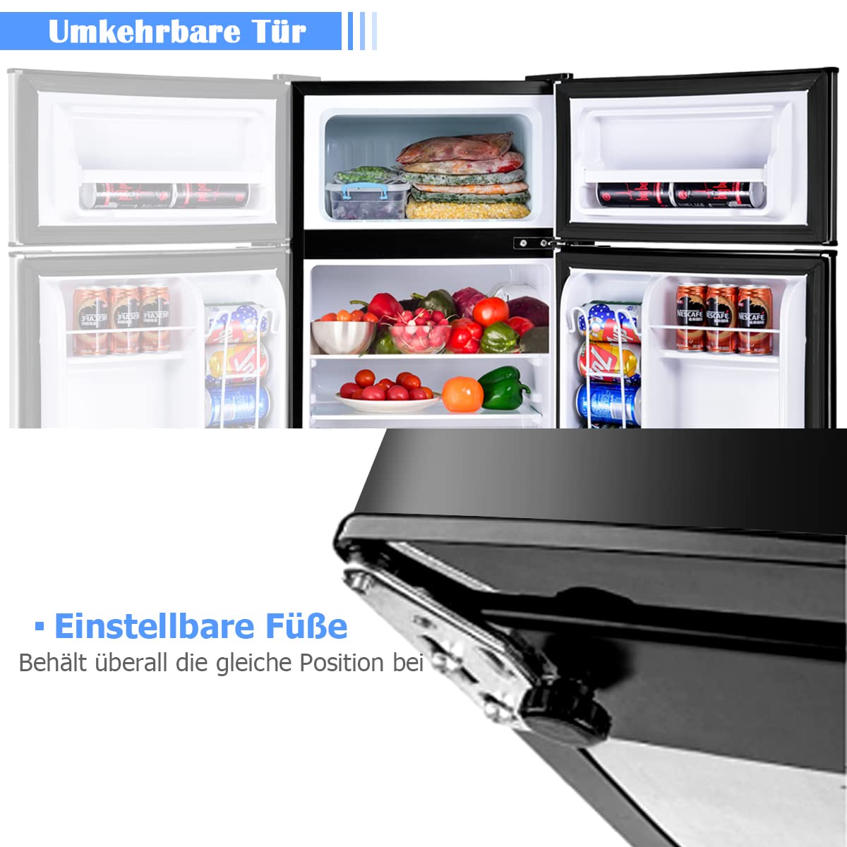 GOPLUS Kühlschrank mit Gefrierfach - Kühl Gefrierkombination / 90L Gesamtnutzinhalt, 27L Gefrierteil/Thermostat einstellbar/LED Innenbeleuchtung/Türanschlag wechselbar (Schwarz)