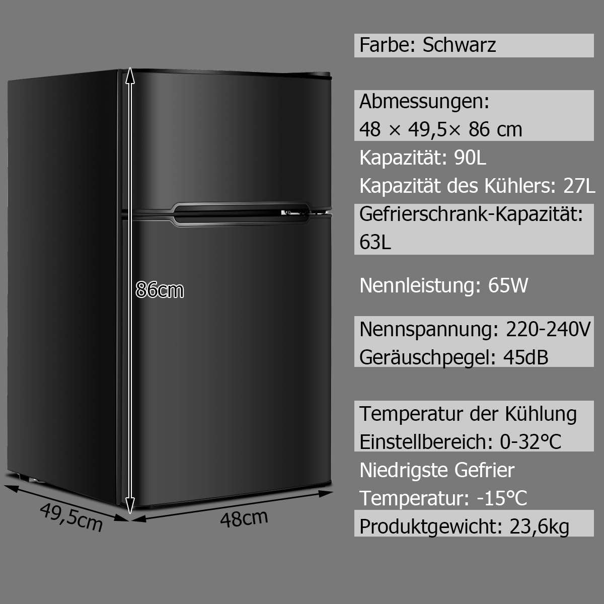 GOPLUS Kühlschrank mit Gefrierfach - Kühl Gefrierkombination / 90L Gesamtnutzinhalt, 27L Gefrierteil/Thermostat einstellbar/LED Innenbeleuchtung/Türanschlag wechselbar (Schwarz)