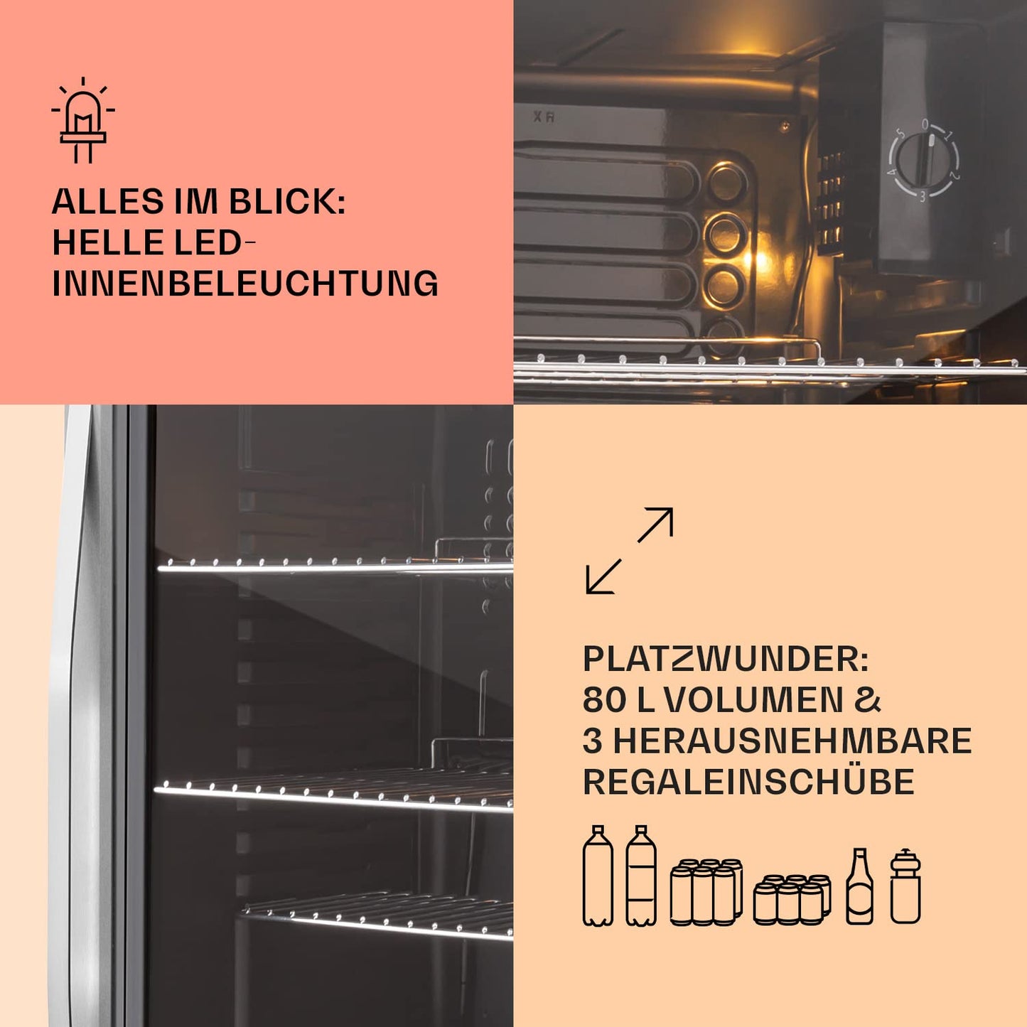 Klarstein Mini Kühlschrank mit Glastür, Mini, für Zimmer, Getränkekühlschrank Klein mit Verstellbaren Ablagen, 80 Liter, Indoor/Outdoor Kühlschrank Leise