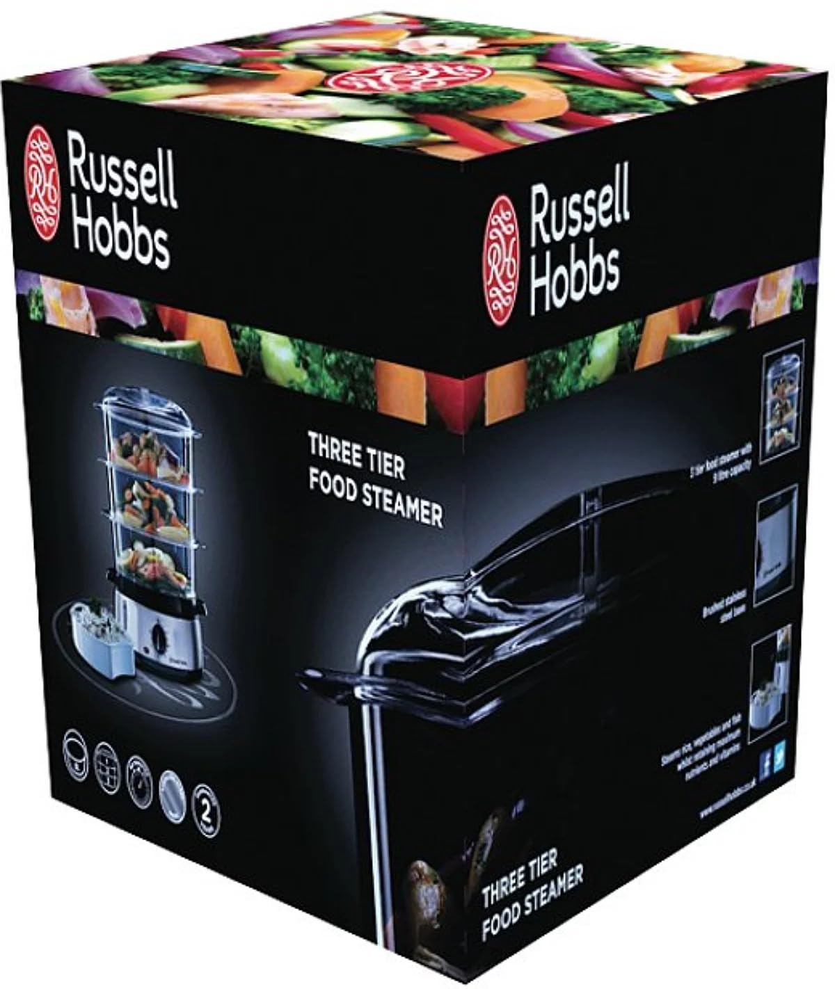 Russell Hobbs Cook@Home Vaporera Eléctrica – 9L, 3 Recipientes y Arrocera, Acero Inoxidable, 800W