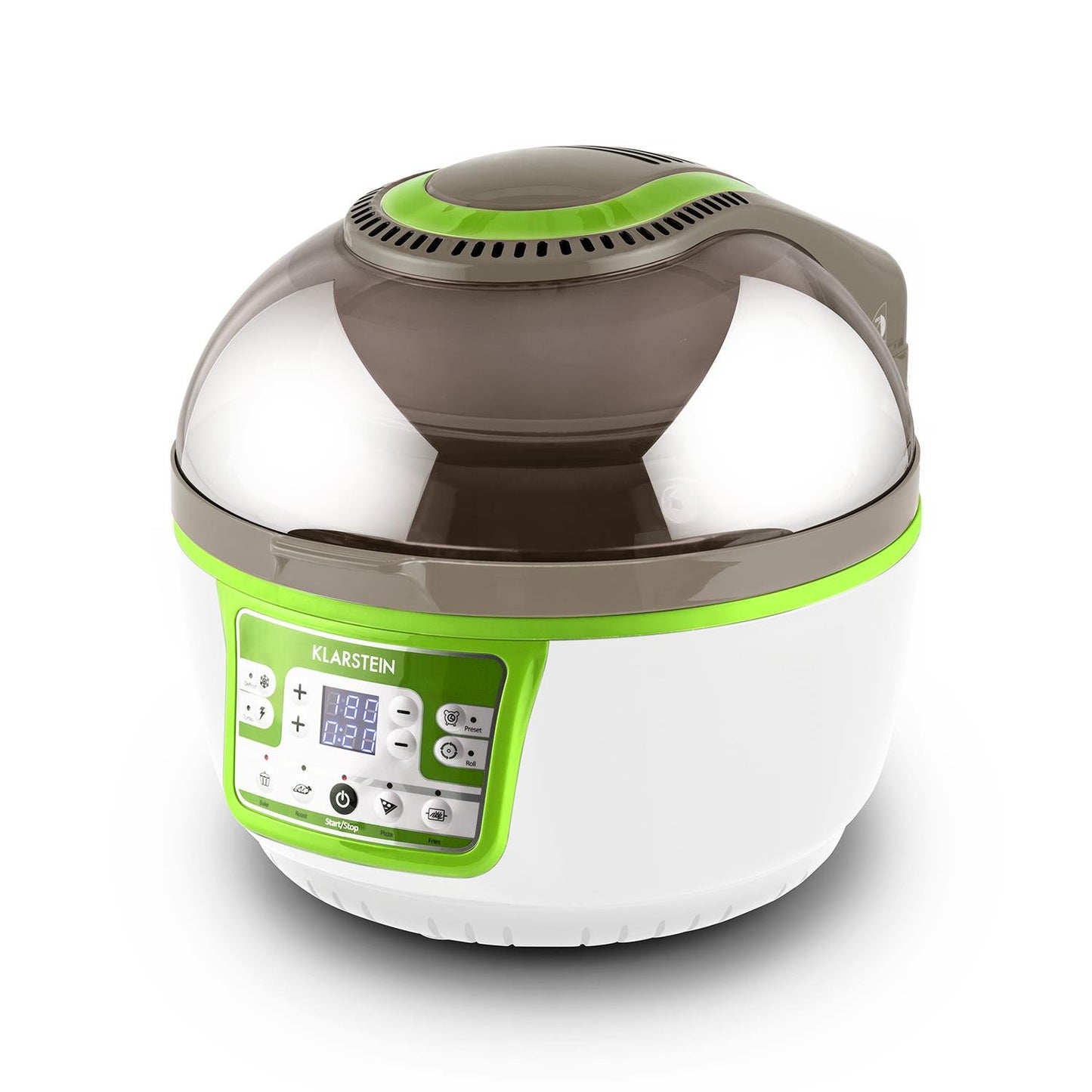 Klarstein VitAir Heißluftfritteuse Fritteuse, 1400 Watt, fett-frei Frittieren + Backen + Grillen + Rösten, Halogen-Infrarot-Heizelement, Automatik, Antihaft-Beschichtung, grün-weiß
