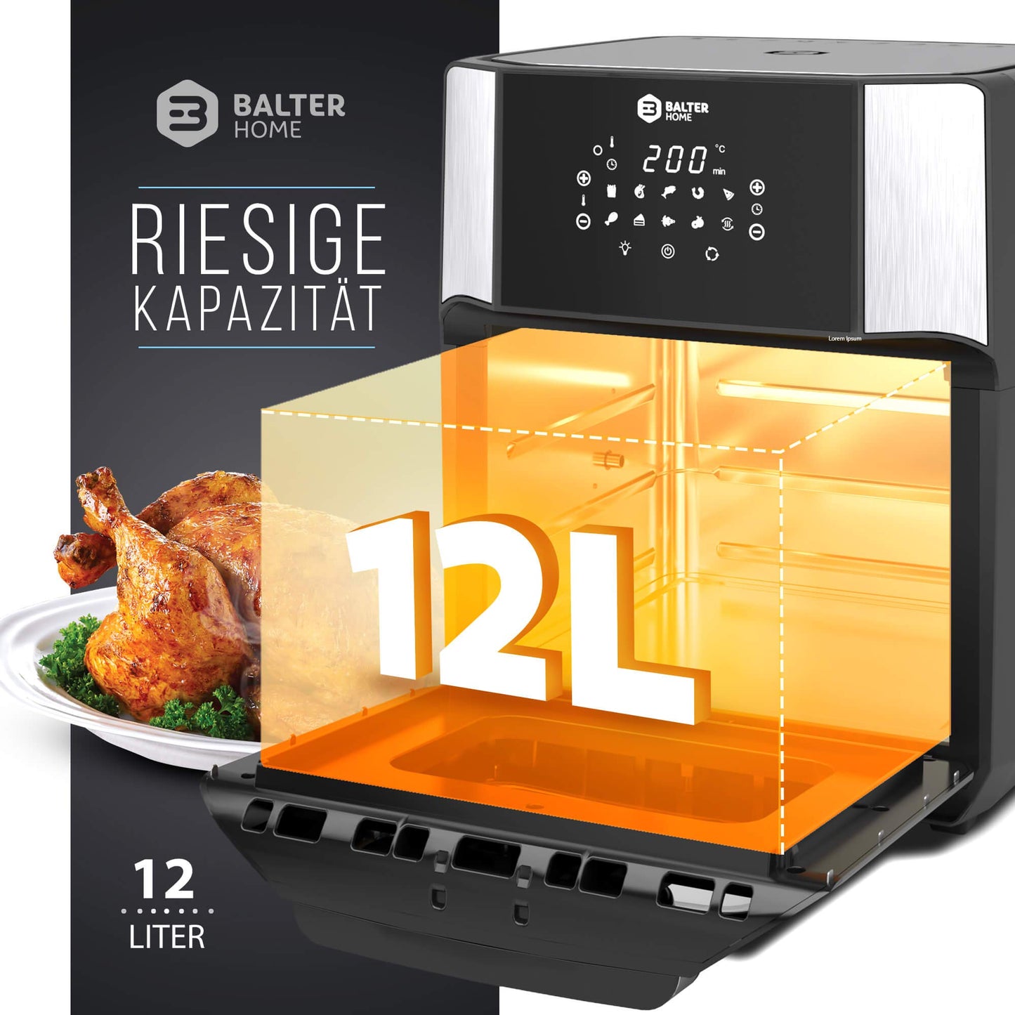 Balter Heißluftfritteuse Airfryer, 12 Liter XXL, Mini Backofen, Dörrautomat, Friteuse Heissluftfritteuse, 10 Programme, all-in-1 Air Fryer, Rezeptbuch, HL-1200