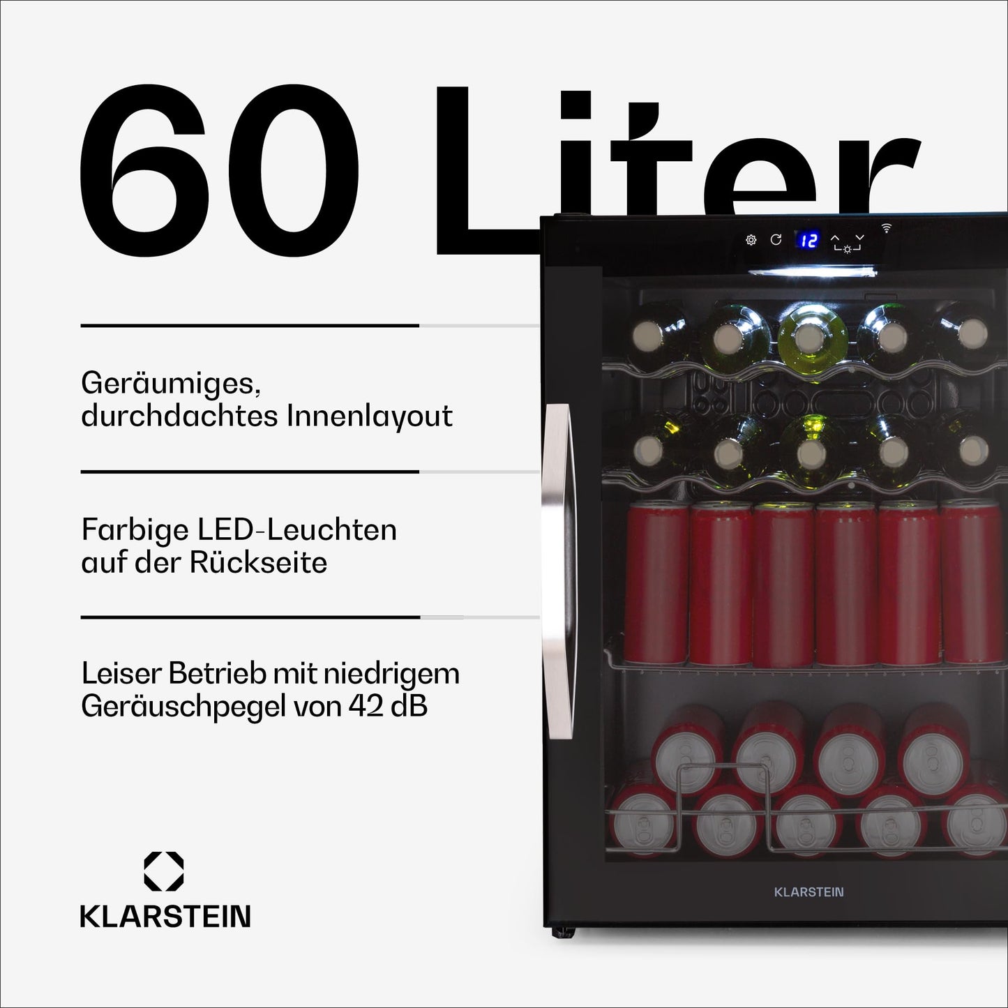 Klarstein Coachella 60 Getränkekühlschrank - 60 L Getränkekühler mit WLAN, Glastür, LED-Beleuchtung, 3-18 °C, 3 Metallablagen, Balanced Light, Energieeffizienz E, Schwarz