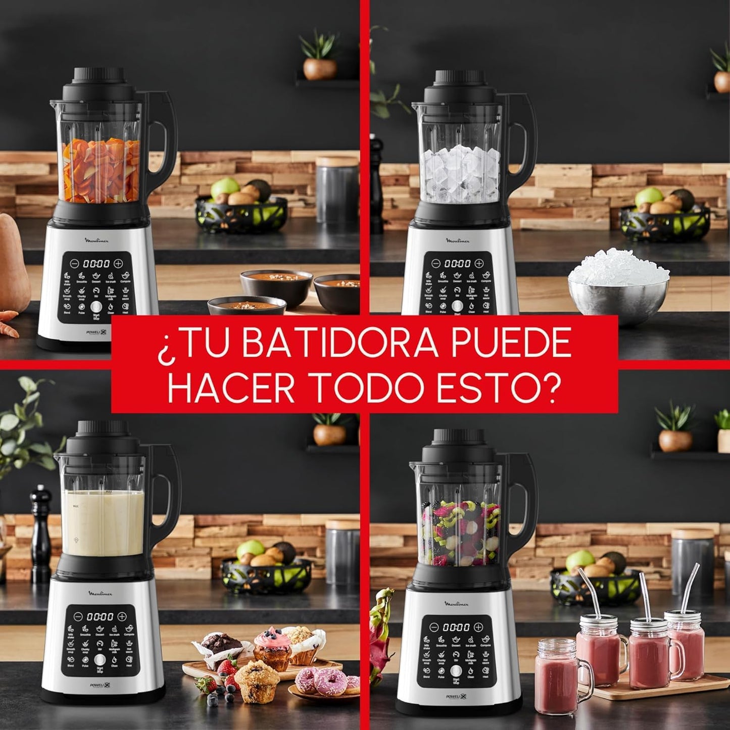 Moulinex PerfectMix Cook – Batidora de Vaso 1400W, 10 Programas Automáticos, Cuchillas Powelix Extraíbles, 2L, App Moulinex con +300 Recetas, LM83SD