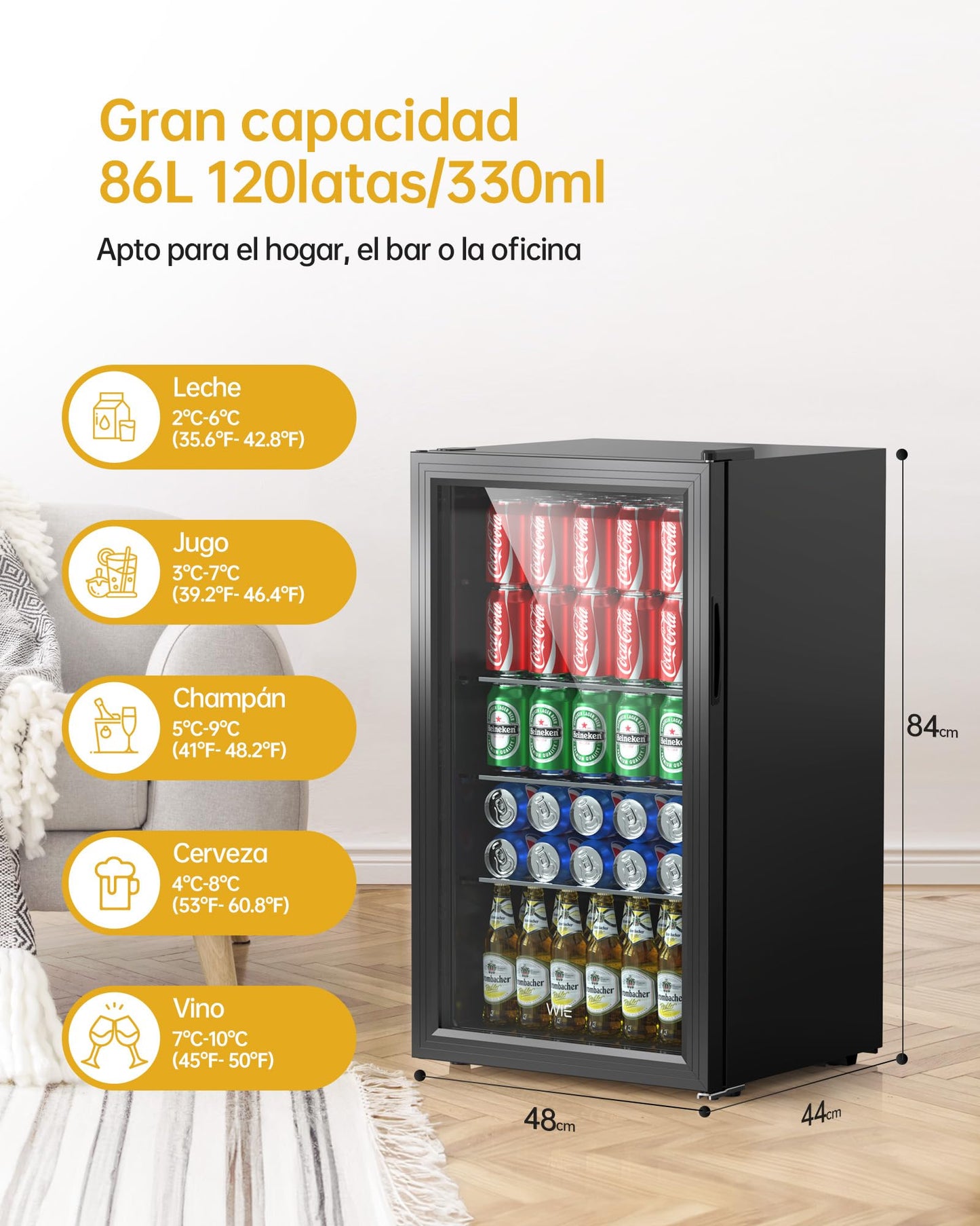 **WIE Nevera Pequeña 86L – Refrigerador de Bebidas con Puerta de Vidrio y Control Inteligente**