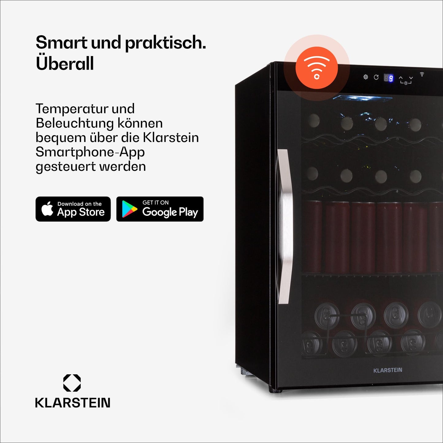 Klarstein Coachella 60 Getränkekühlschrank - 60 L Getränkekühler mit WLAN, Glastür, LED-Beleuchtung, 3-18 °C, 3 Metallablagen, Balanced Light, Energieeffizienz E, Schwarz