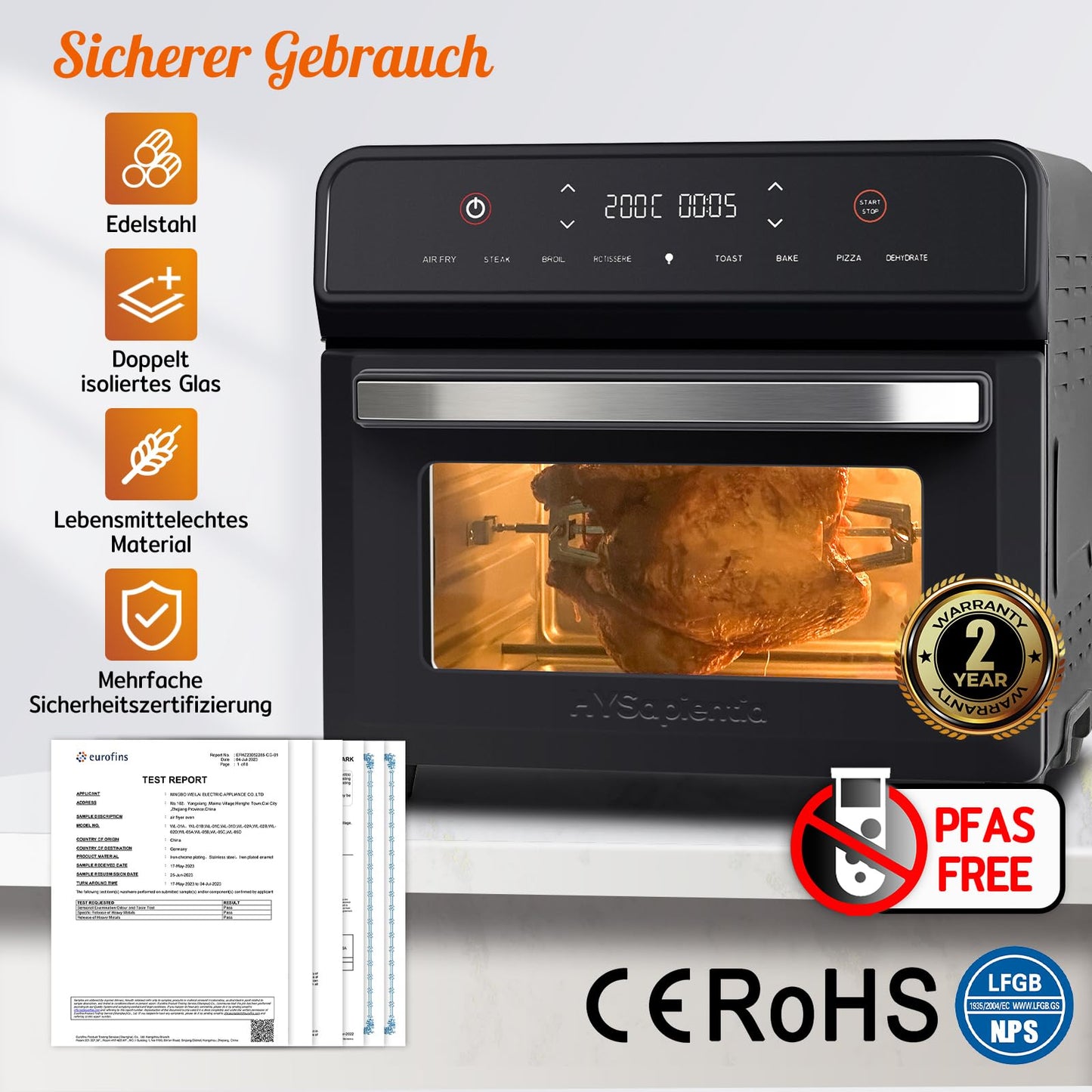 HYSapientia® 24L Heißluftfritteuse XXL mit LED-Touchscreen,8 Programme mini backofen mit umluft, heißluftofen,1800W heissluftfritteuse air fryer oven,Rezeptbuch auf Deutsch,Edelstahl-Innenraum