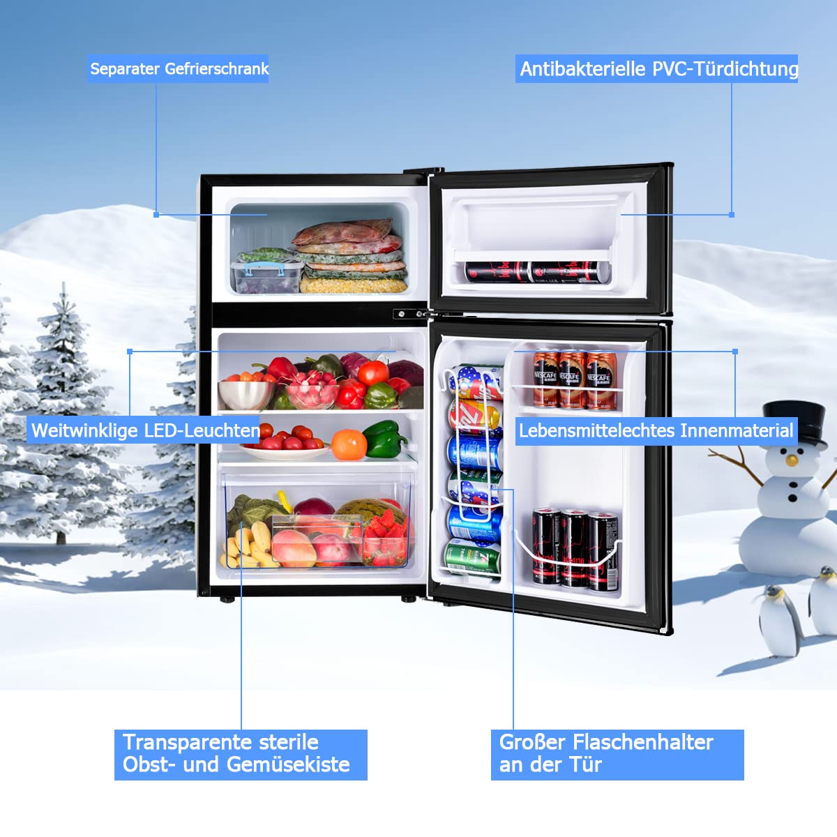 GOPLUS Kühlschrank mit Gefrierfach - Kühl Gefrierkombination / 90L Gesamtnutzinhalt, 27L Gefrierteil/Thermostat einstellbar/LED Innenbeleuchtung/Türanschlag wechselbar (Schwarz)