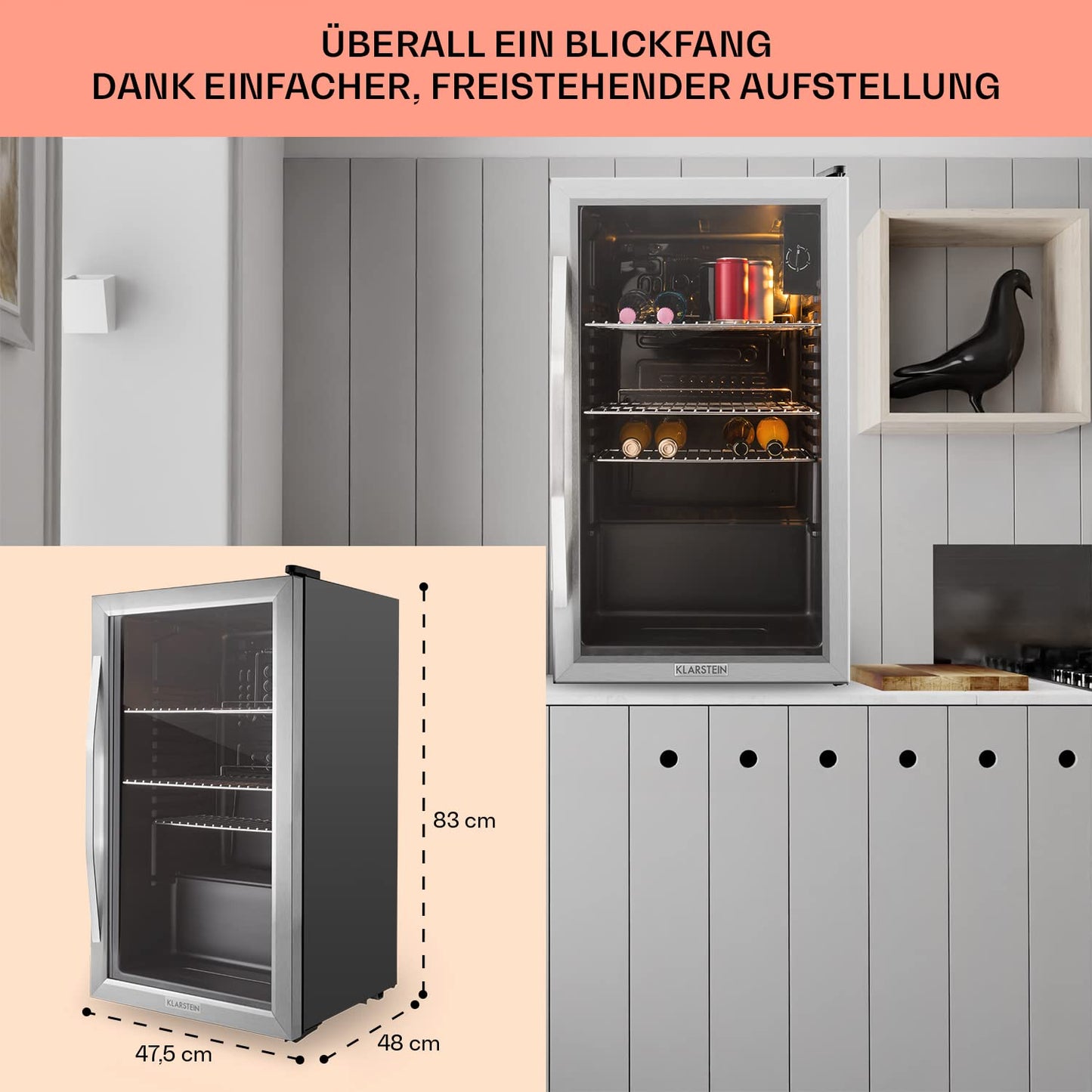 Klarstein Mini Kühlschrank mit Glastür, Mini, für Zimmer, Getränkekühlschrank Klein mit Verstellbaren Ablagen, 80 Liter, Indoor/Outdoor Kühlschrank Leise