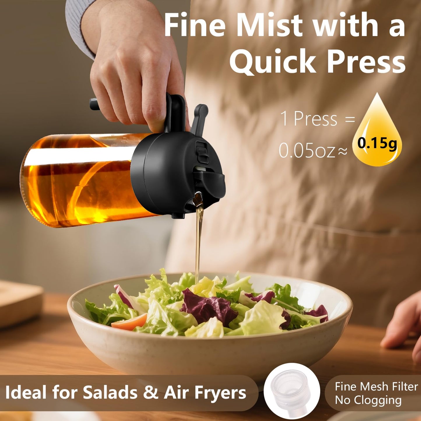 SWEET VIEW 2 in 1 Ölsprüher zum Kochen, 470ml Glasölflaschen/Olivenöl Sprühflasche für Salat, Grillen und Heißluftfritteuse (Schwarz)