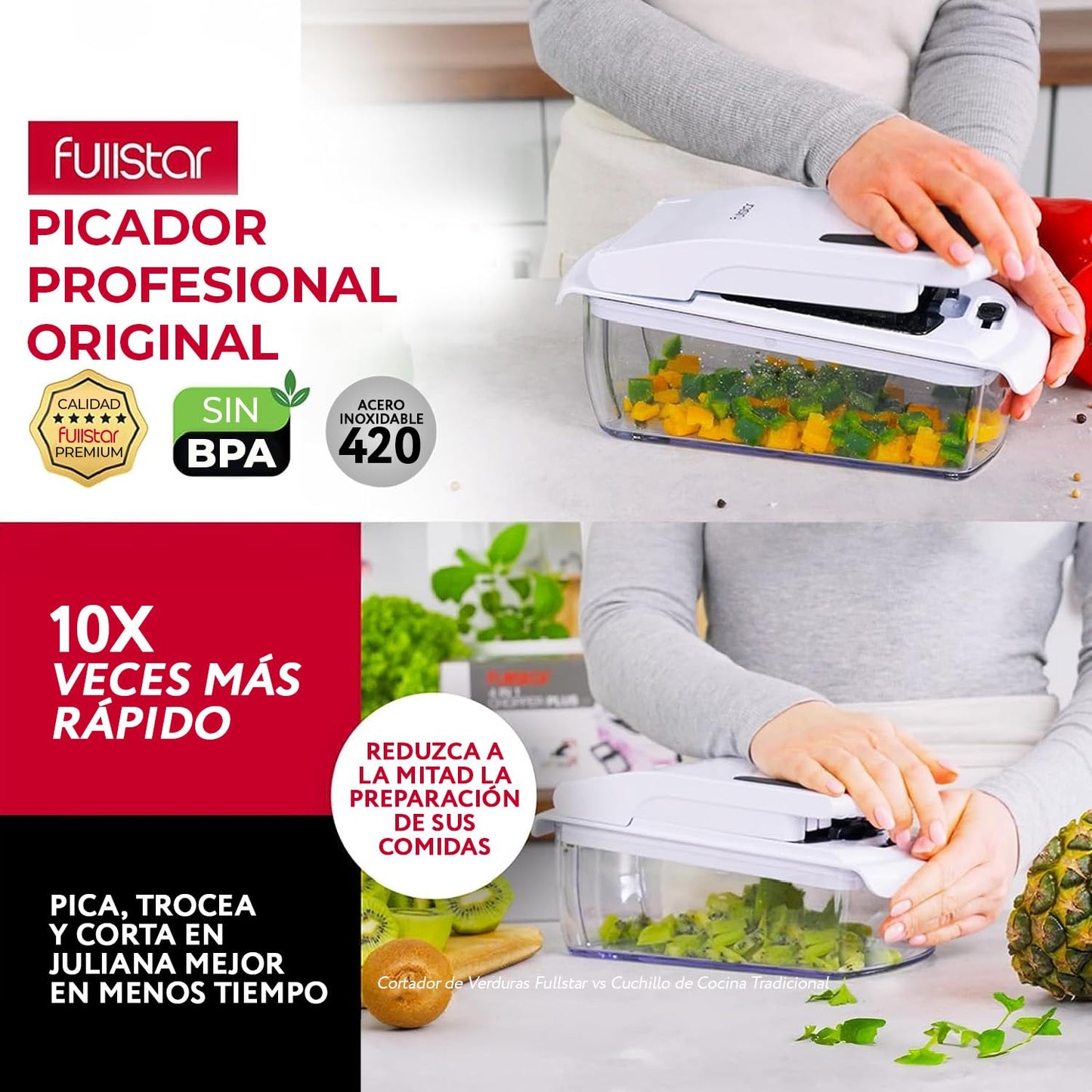 Cortador de Verduras Multifuncional 4-en-1 – Espiralizador y Picador para Patatas y Cebollas, Color Blanco
