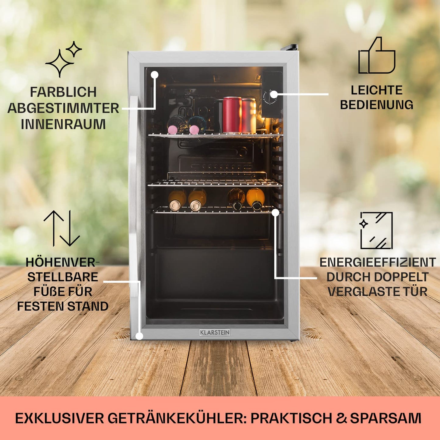 Klarstein Mini Kühlschrank mit Glastür, Mini, für Zimmer, Getränkekühlschrank Klein mit Verstellbaren Ablagen, 80 Liter, Indoor/Outdoor Kühlschrank Leise
