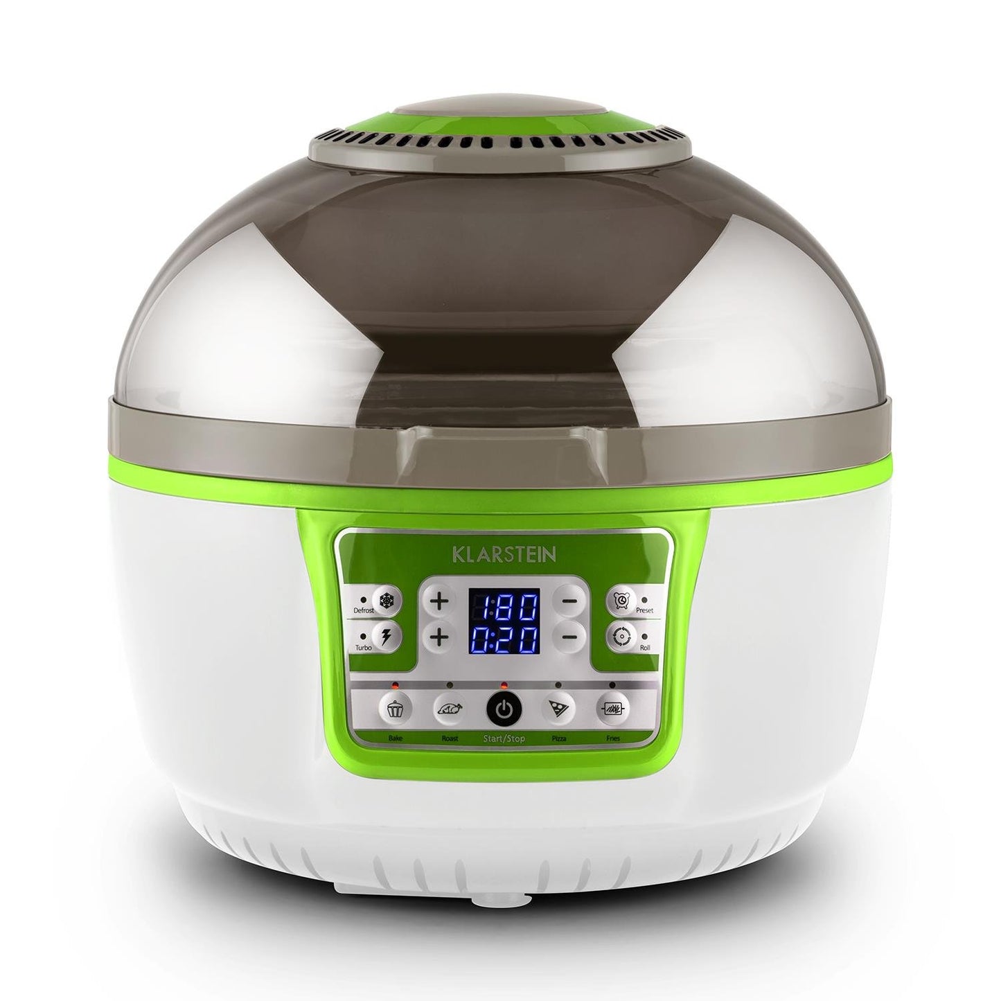 Klarstein VitAir Heißluftfritteuse Fritteuse, 1400 Watt, fett-frei Frittieren + Backen + Grillen + Rösten, Halogen-Infrarot-Heizelement, Automatik, Antihaft-Beschichtung, grün-weiß