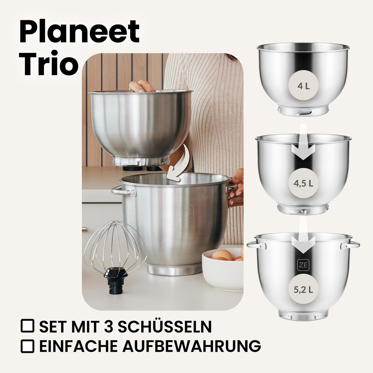 ZEEGMA PLANEET TRIO Planetenroboter, 1500 W, Multifunktionale Küchenmaschine mit 3 Schüsseln 4 l, 4,5 l und 5,2 l, 10 Betriebsgeschwindigkeiten, Mixer mit Haken, Schneebesen, Deckel mit Messgerät