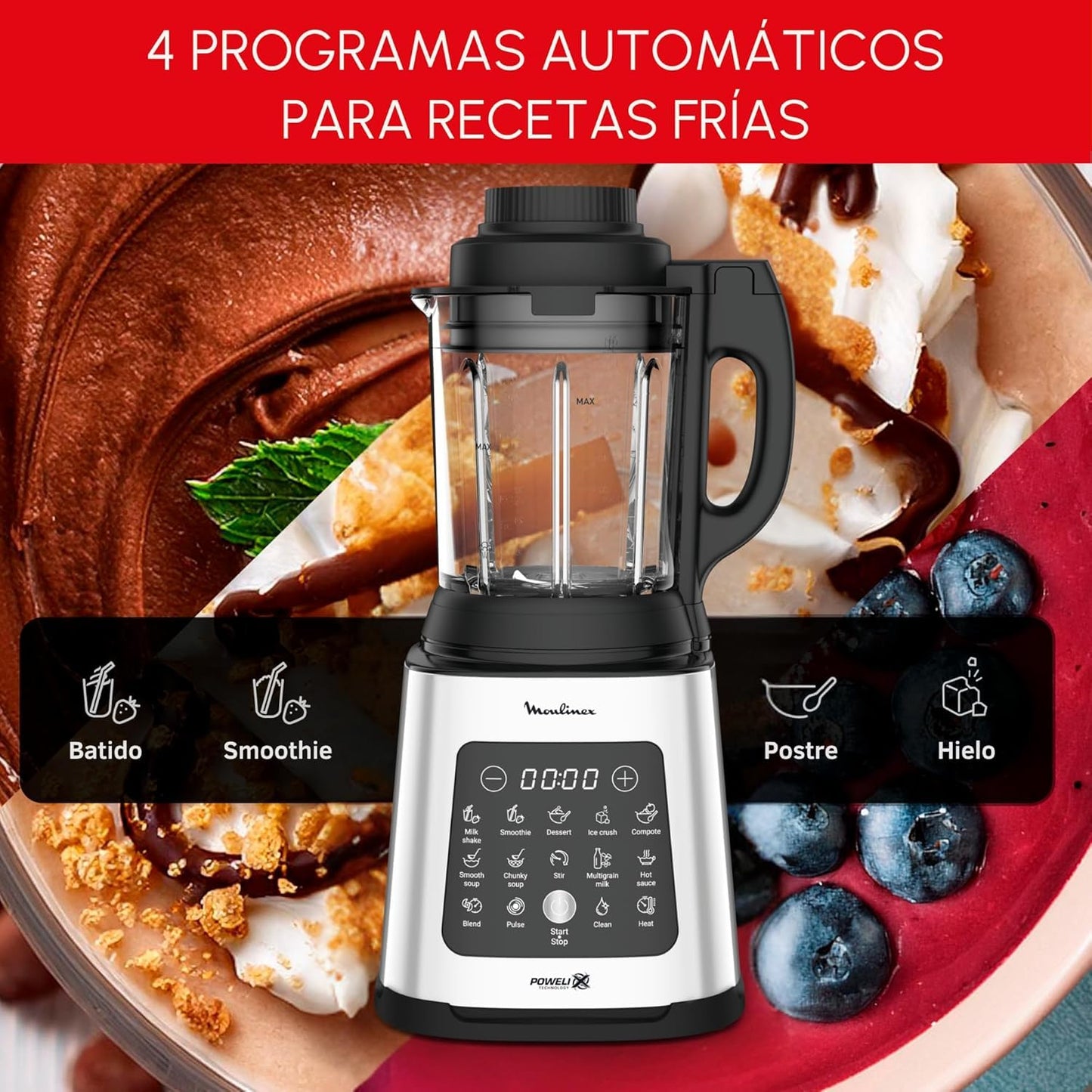 Moulinex PerfectMix Cook – Batidora de Vaso 1400W, 10 Programas Automáticos, Cuchillas Powelix Extraíbles, 2L, App Moulinex con +300 Recetas, LM83SD