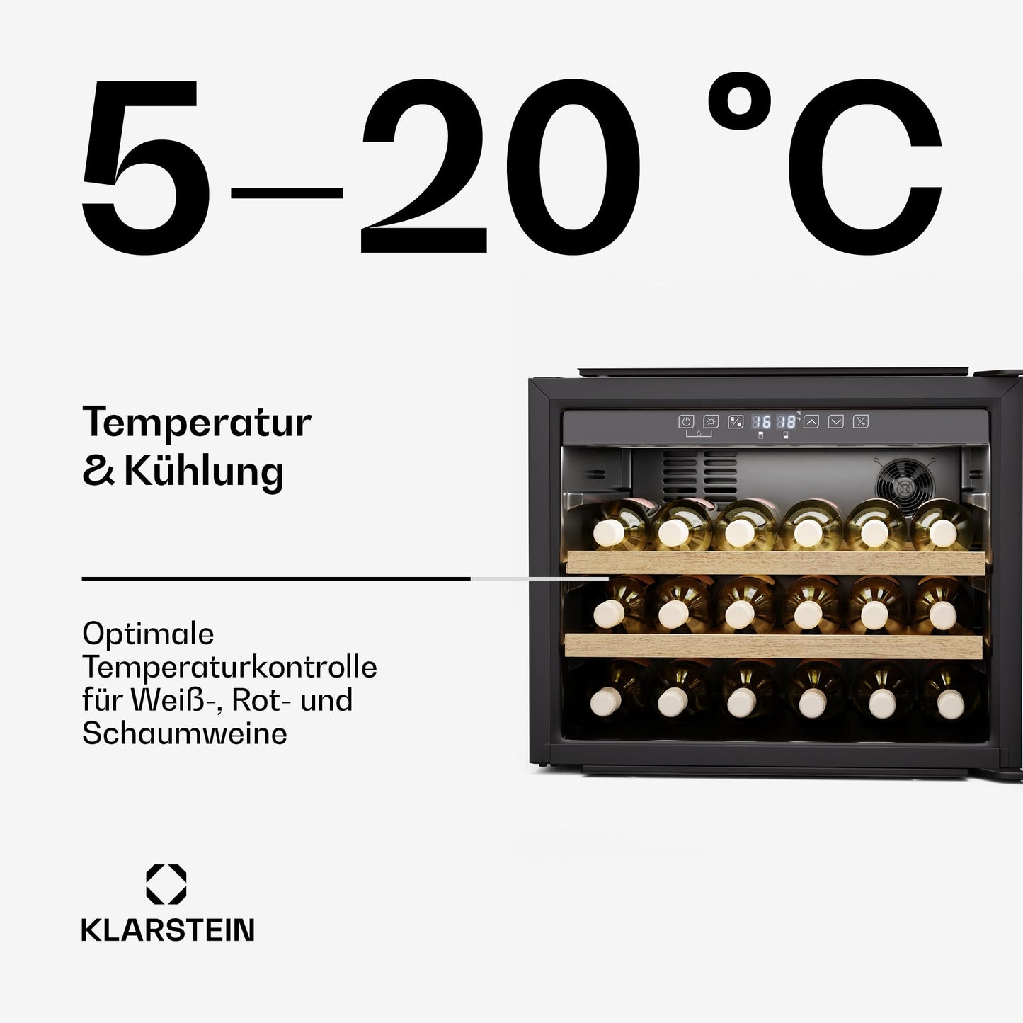 Klarstein Rhone 28 Uno Weinkühlschrank - 28 Flaschen, 1 Zone, 5-20 °C, LED-Steuerung, Push-to-Open-Tür, UV-Schutz, Leiser Betrieb, Schwarz