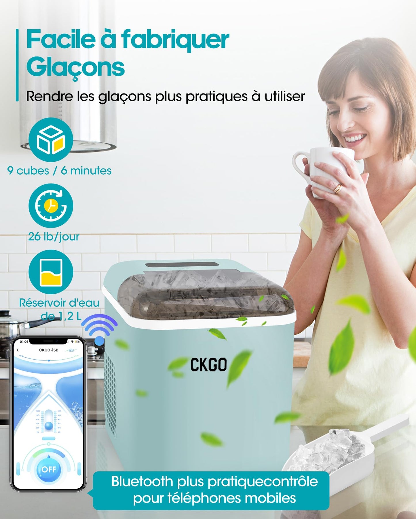 ZZLLKQ - Máquina de hielo inteligente, 2 tamaños de hielo, máquina Wi-Fi, control por aplicación, autolimpiante, máquina de hielo, 15 kg en 24 horas, 9 cubitos de hielo en 6-10 minutos, encimera paraa