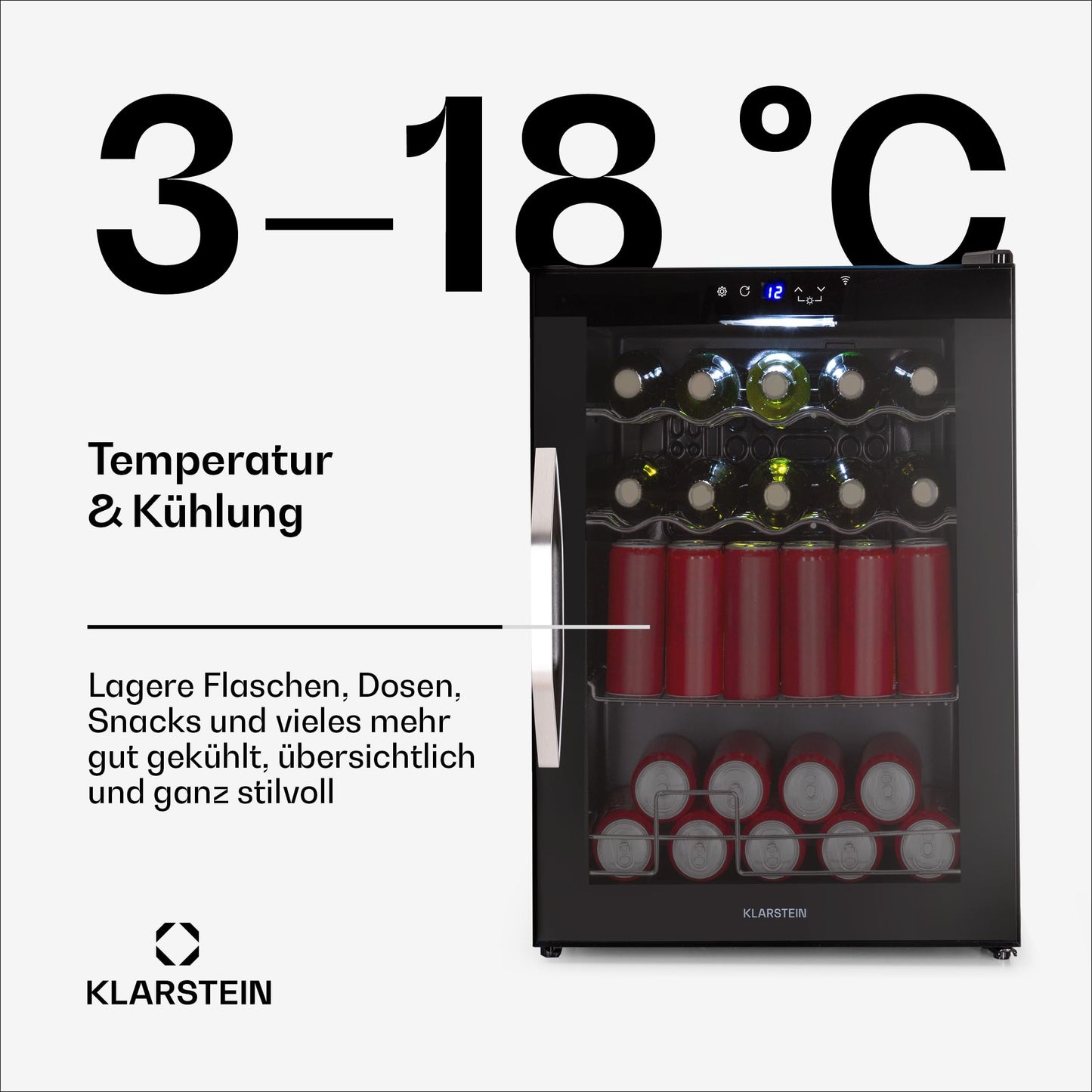 Klarstein Coachella 60 Getränkekühlschrank - 60 L Getränkekühler mit WLAN, Glastür, LED-Beleuchtung, 3-18 °C, 3 Metallablagen, Balanced Light, Energieeffizienz E, Schwarz
