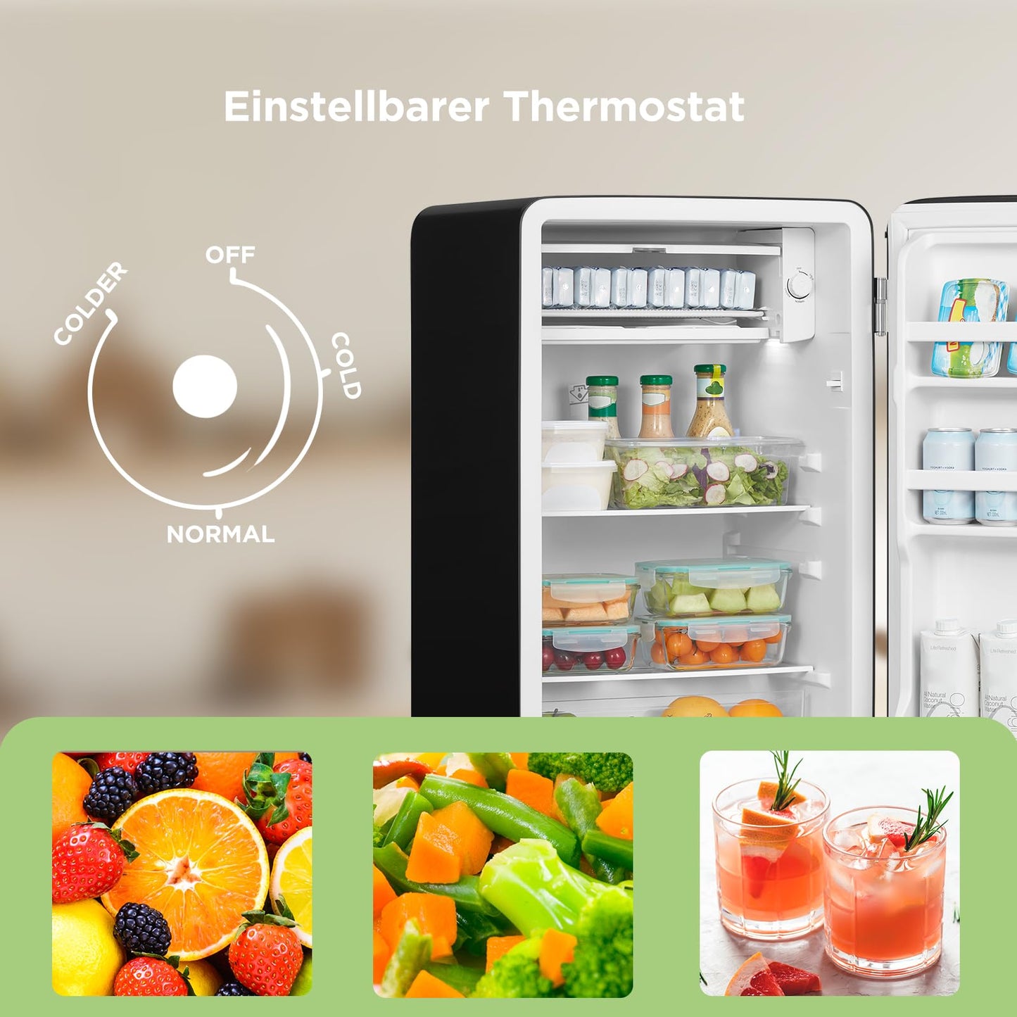 Comfee RCD93BL2EURT(E) Kühlschrank Klein, 93 Liter Retro Kühlschrank, Mini kühlschrank mit verstellbare Thermostat, LED-Licht, Schwarz