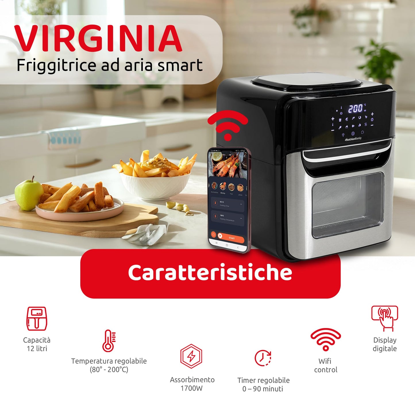 Melchioni Family VIRGINIA – Freidora de Aire Inteligente 12L Wi-Fi, 1700W, Negro