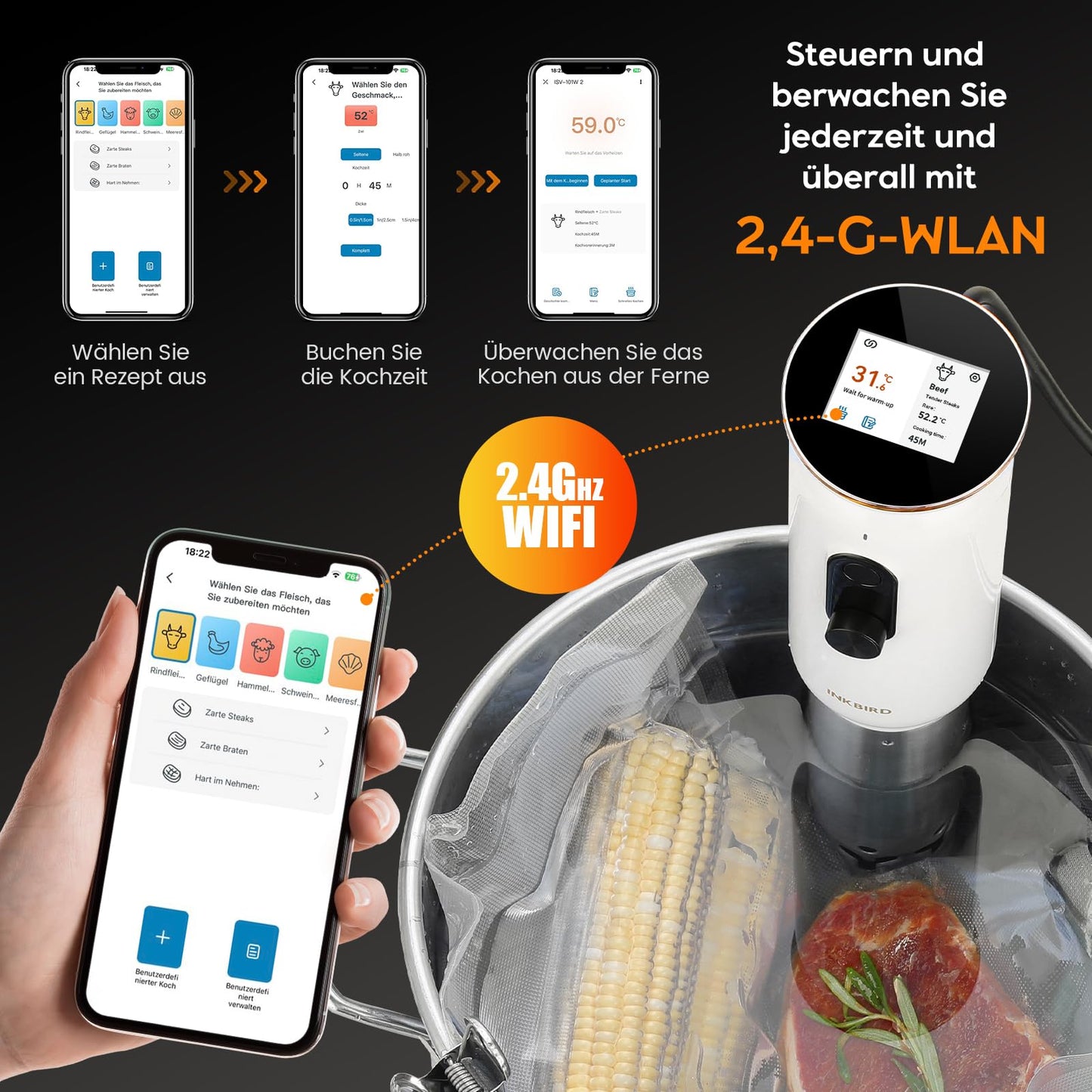Sous Vide ISV-101W,INKBIRD WiFi Sous Vide Stick Präzisionskocher, 1000W, Temperatureinstellung bis 90°C, Tauchzikulator 360° Zirkulation mit App-Voreinstellungsmenüs, für die Küche