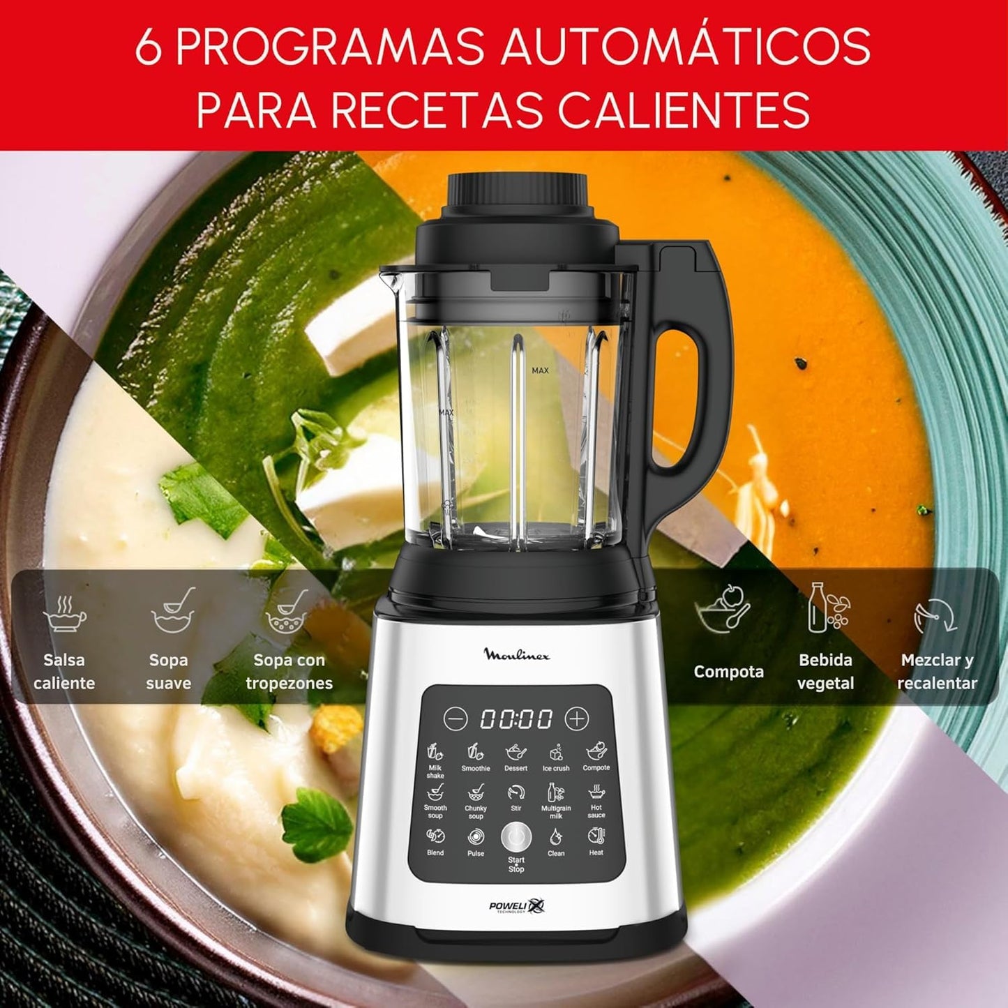 Moulinex PerfectMix Cook – Batidora de Vaso 1400W, 10 Programas Automáticos, Cuchillas Powelix Extraíbles, 2L, App Moulinex con +300 Recetas, LM83SD