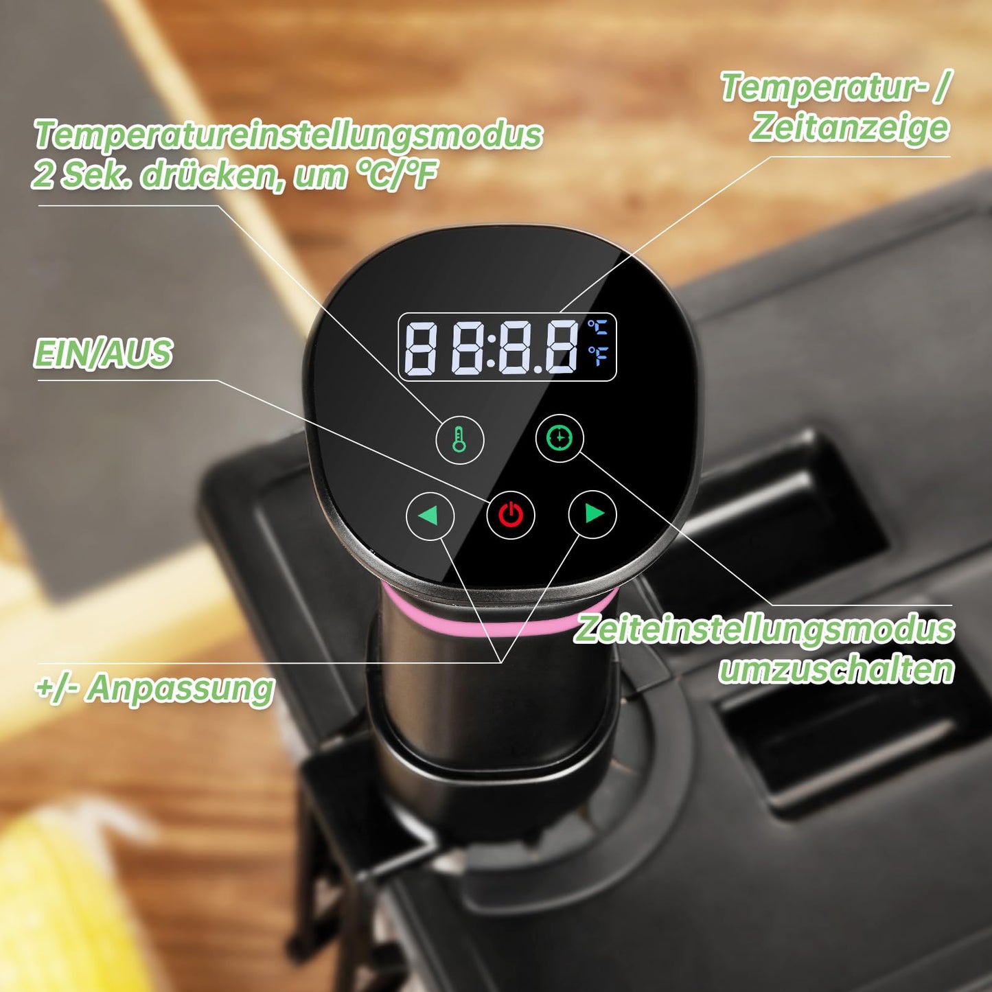 Sous Vide Garer Sous Vide Stick mit LCD Touchdisplay Eintauchthermostat Timer Sous-Vide Garer 1000W für Behälter bis 20L 25-92,5℃ Slow Cooker 360° Präzisionskochtopf Immersion Zirkulation