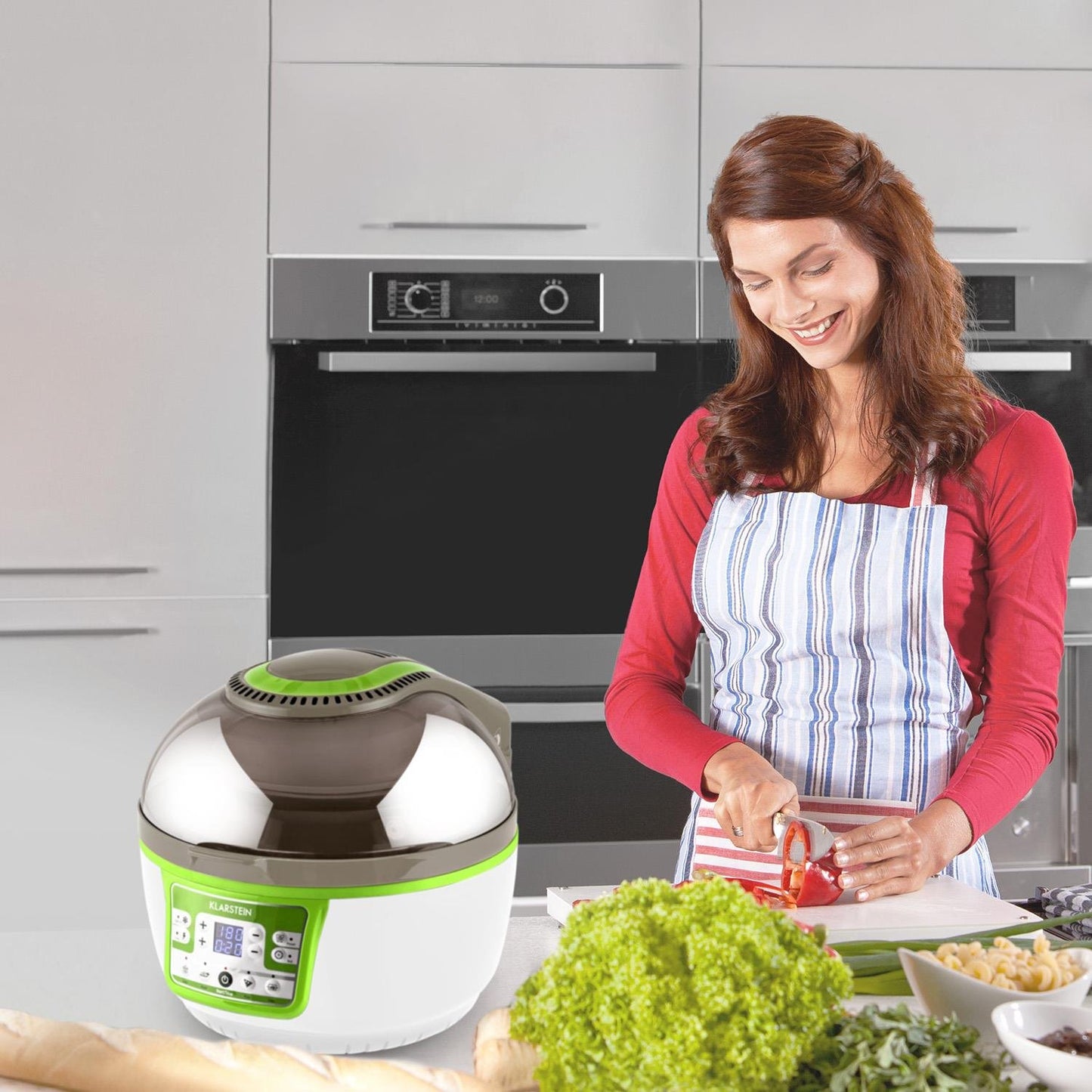Klarstein VitAir Heißluftfritteuse Fritteuse, 1400 Watt, fett-frei Frittieren + Backen + Grillen + Rösten, Halogen-Infrarot-Heizelement, Automatik, Antihaft-Beschichtung, grün-weiß