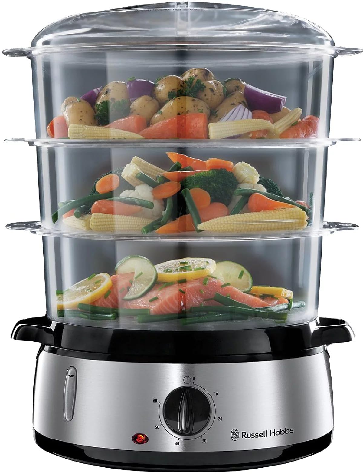 Russell Hobbs Cook@Home Vaporera Eléctrica – 9L, 3 Recipientes y Arrocera, Acero Inoxidable, 800W