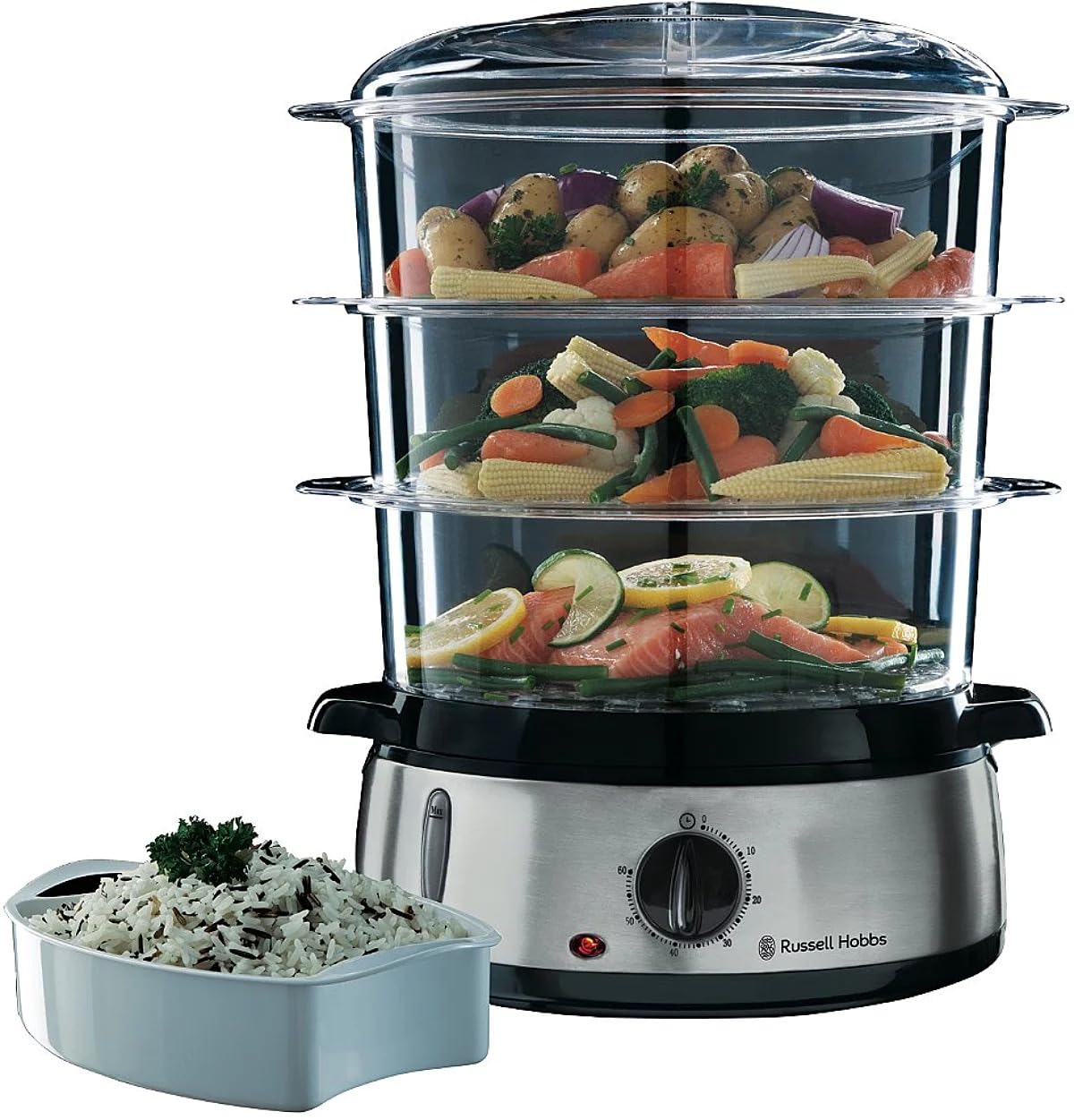 Russell Hobbs Cook@Home Vaporera Eléctrica – 9L, 3 Recipientes y Arrocera, Acero Inoxidable, 800W