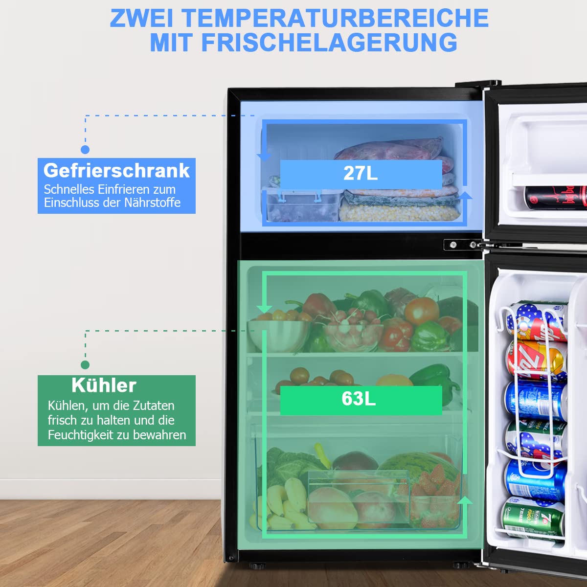 GOPLUS Kühlschrank mit Gefrierfach - Kühl Gefrierkombination / 90L Gesamtnutzinhalt, 27L Gefrierteil/Thermostat einstellbar/LED Innenbeleuchtung/Türanschlag wechselbar (Schwarz)