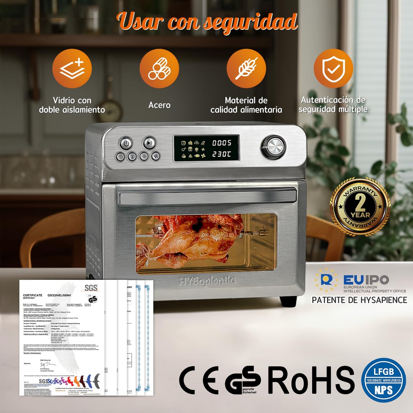HYSapientia® Horno Freidora de Aire 24L – 1800W, 10 Programas, 8 Accesorios