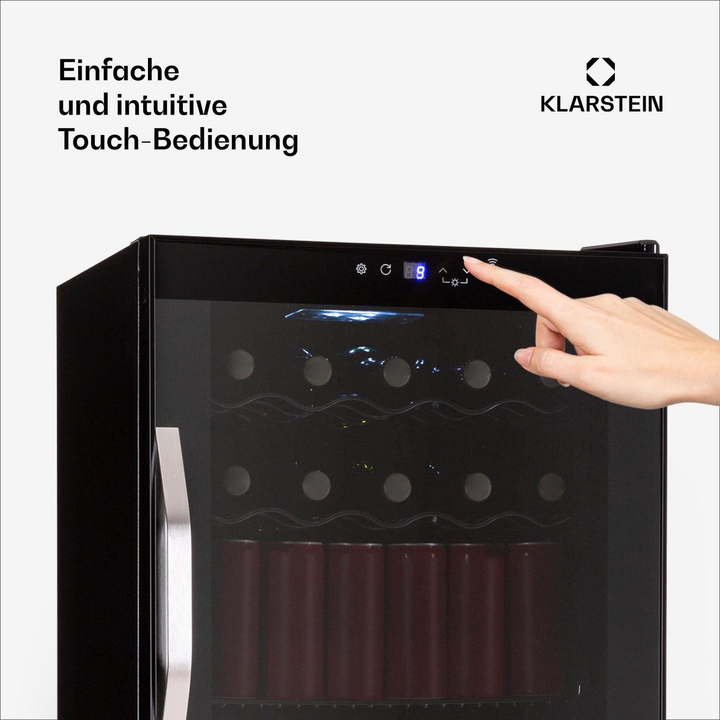 Klarstein Coachella 60 Getränkekühlschrank - 60 L Getränkekühler mit WLAN, Glastür, LED-Beleuchtung, 3-18 °C, 3 Metallablagen, Balanced Light, Energieeffizienz E, Schwarz