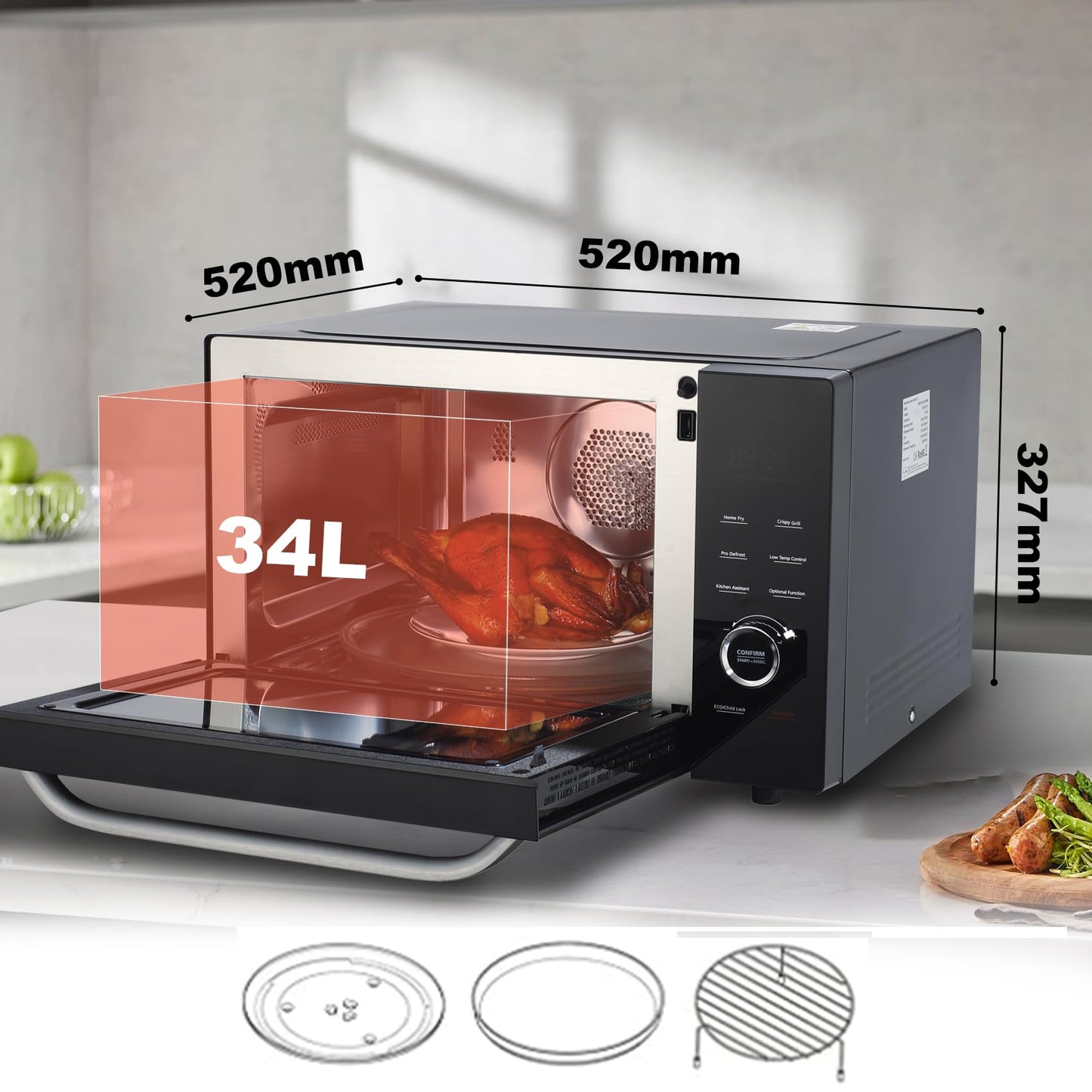 SMETA 8-in-1 Mikrowelle mit Heißluft & Grill & Kombi Funktion, Groß 34L, Mikrowelle mit Grill und Heißluft, 1000W Mikrowelle, 2400W Grill/Konvektion, Air Fry, Warmhaltestufe, 10 Auto-Menüs, Schwarz