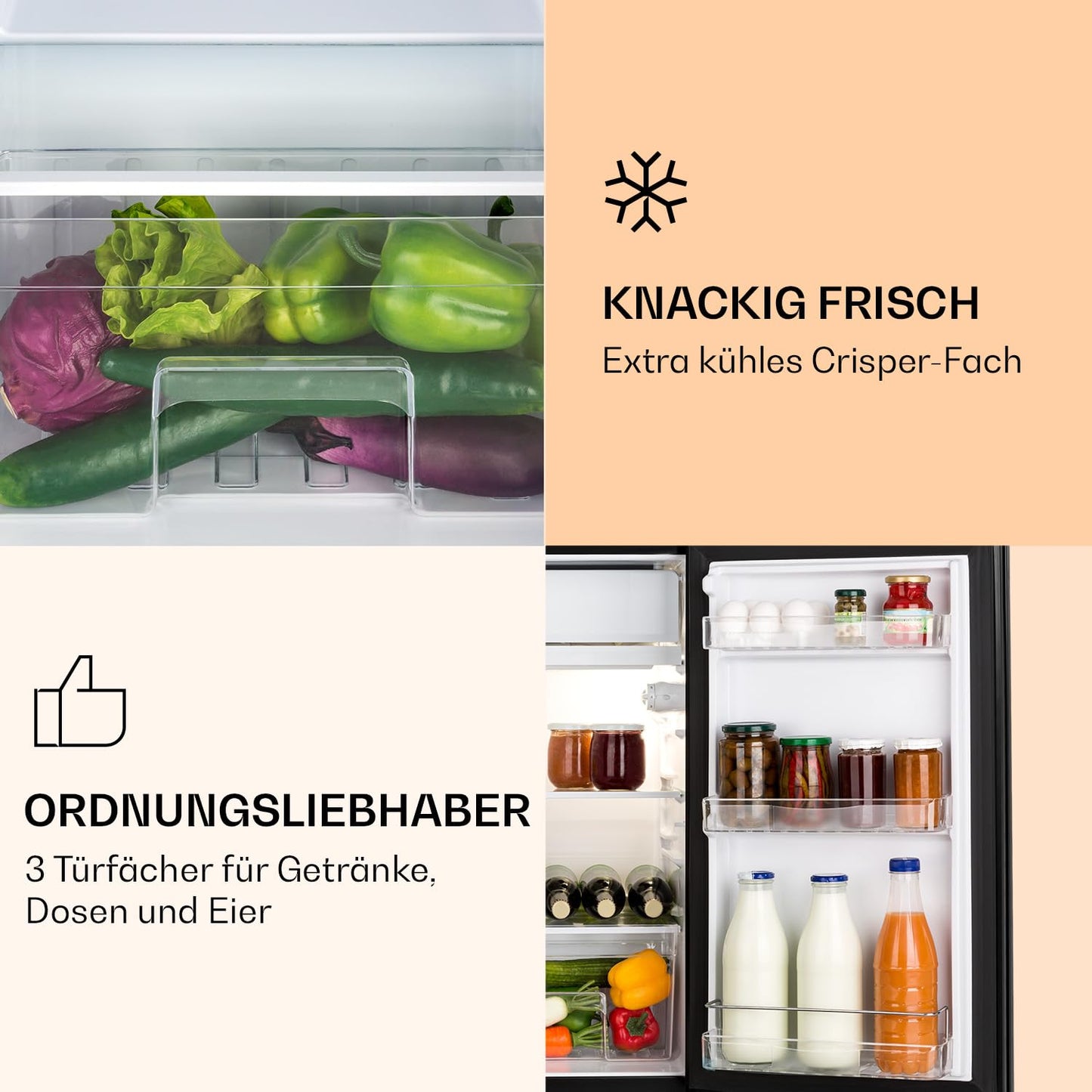 Klarstein Luminance Frost Kühl-Gefrier-Kombination - freistehender Kühlschrank, Glasfront, ca. 45 x 84 x 48,5 cm (BxHxT), 91 Liter Gesamtvolumen, schwarz