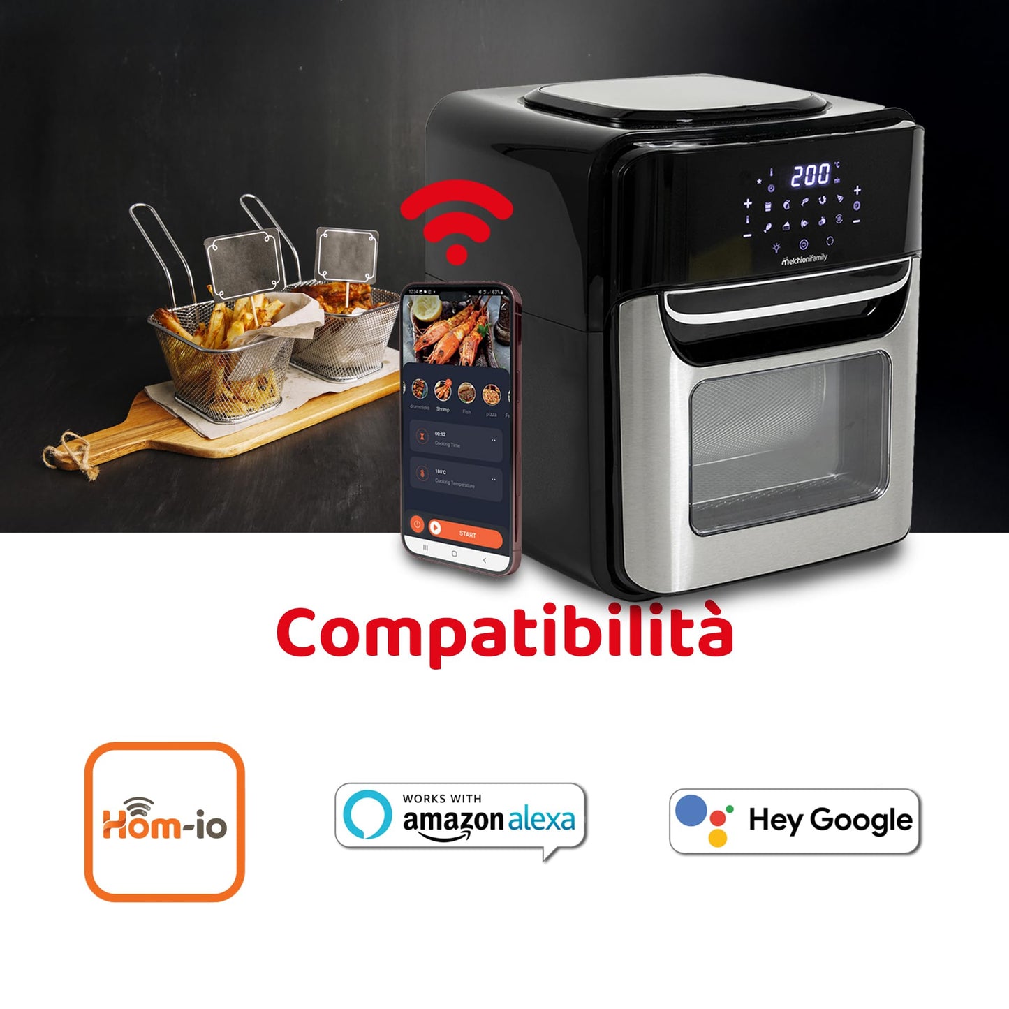 Melchioni Family VIRGINIA – Freidora de Aire Inteligente 12L Wi-Fi, 1700W, Negro