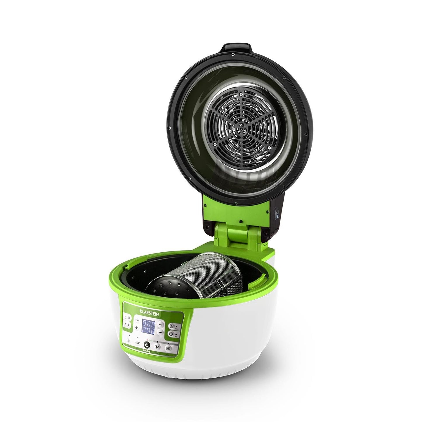 Klarstein VitAir Heißluftfritteuse Fritteuse, 1400 Watt, fett-frei Frittieren + Backen + Grillen + Rösten, Halogen-Infrarot-Heizelement, Automatik, Antihaft-Beschichtung, grün-weiß