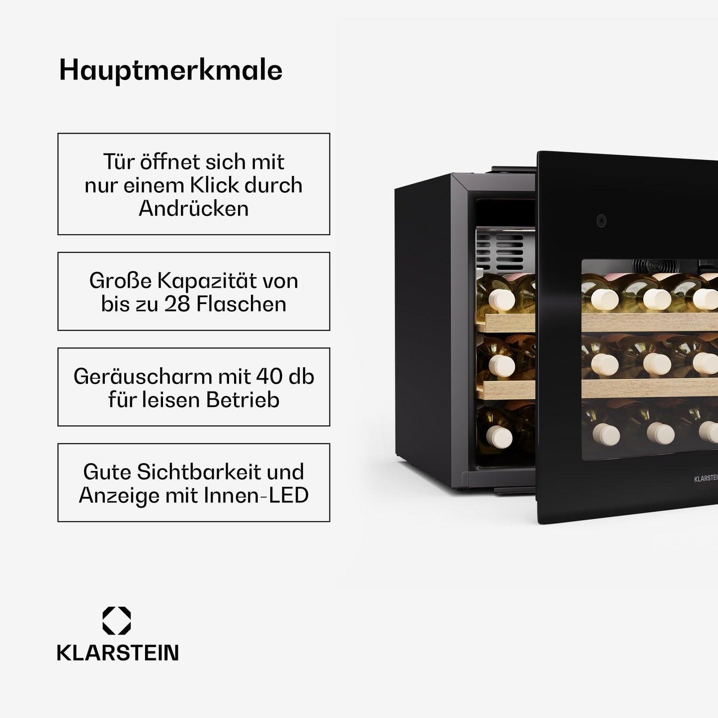 Klarstein Rhone 28 Uno Weinkühlschrank - 28 Flaschen, 1 Zone, 5-20 °C, LED-Steuerung, Push-to-Open-Tür, UV-Schutz, Leiser Betrieb, Schwarz