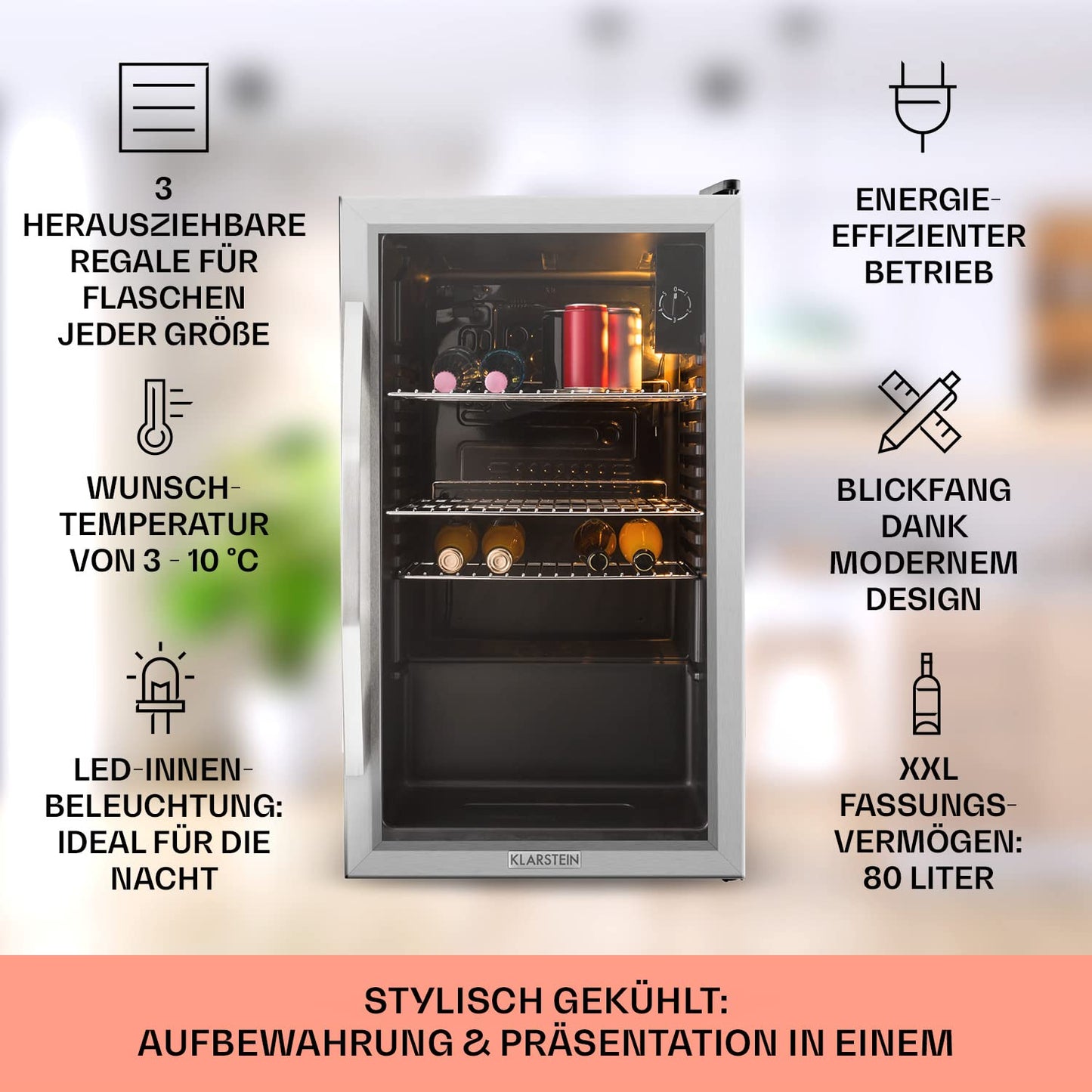 Klarstein Mini Kühlschrank mit Glastür, Mini, für Zimmer, Getränkekühlschrank Klein mit Verstellbaren Ablagen, 80 Liter, Indoor/Outdoor Kühlschrank Leise