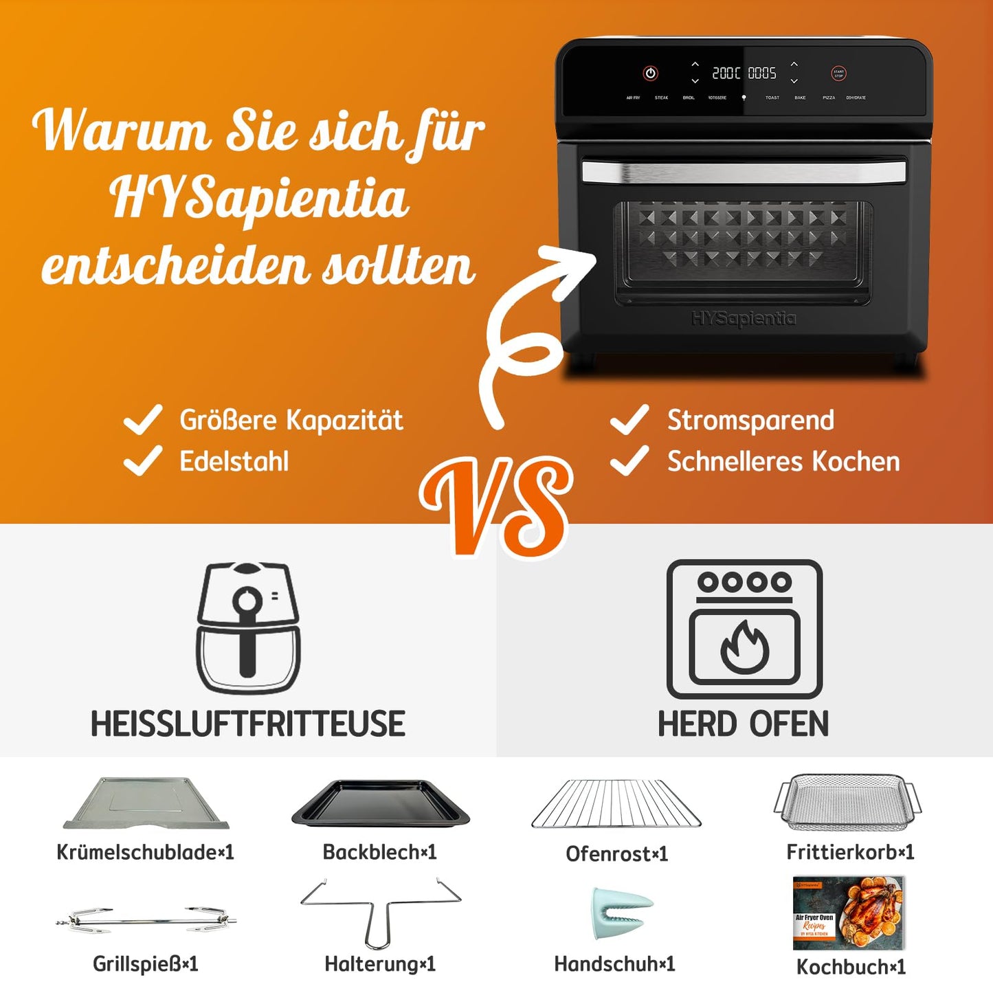 HYSapientia® 24L Heißluftfritteuse XXL mit LED-Touchscreen,8 Programme mini backofen mit umluft, heißluftofen,1800W heissluftfritteuse air fryer oven,Rezeptbuch auf Deutsch,Edelstahl-Innenraum